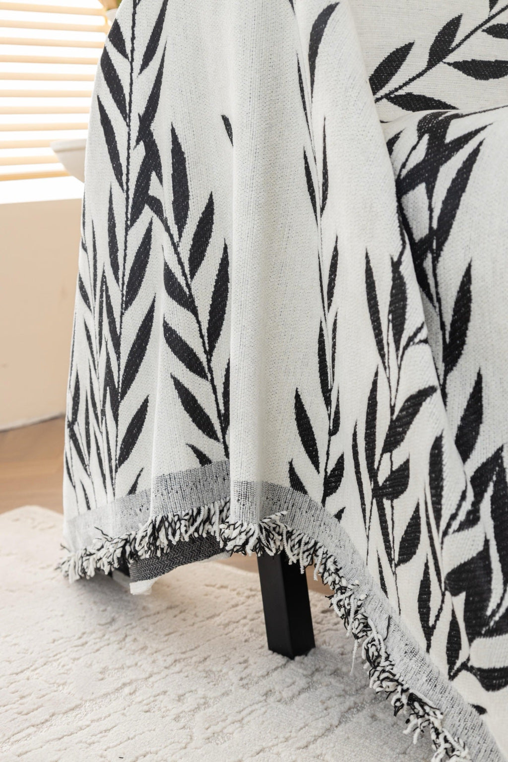 Sofa Decor Oliva Leaf Fringe Sofa Throw Cover in Black Leaf - leaf pattern sofa throw cover styled couch cover in the UK, image 34