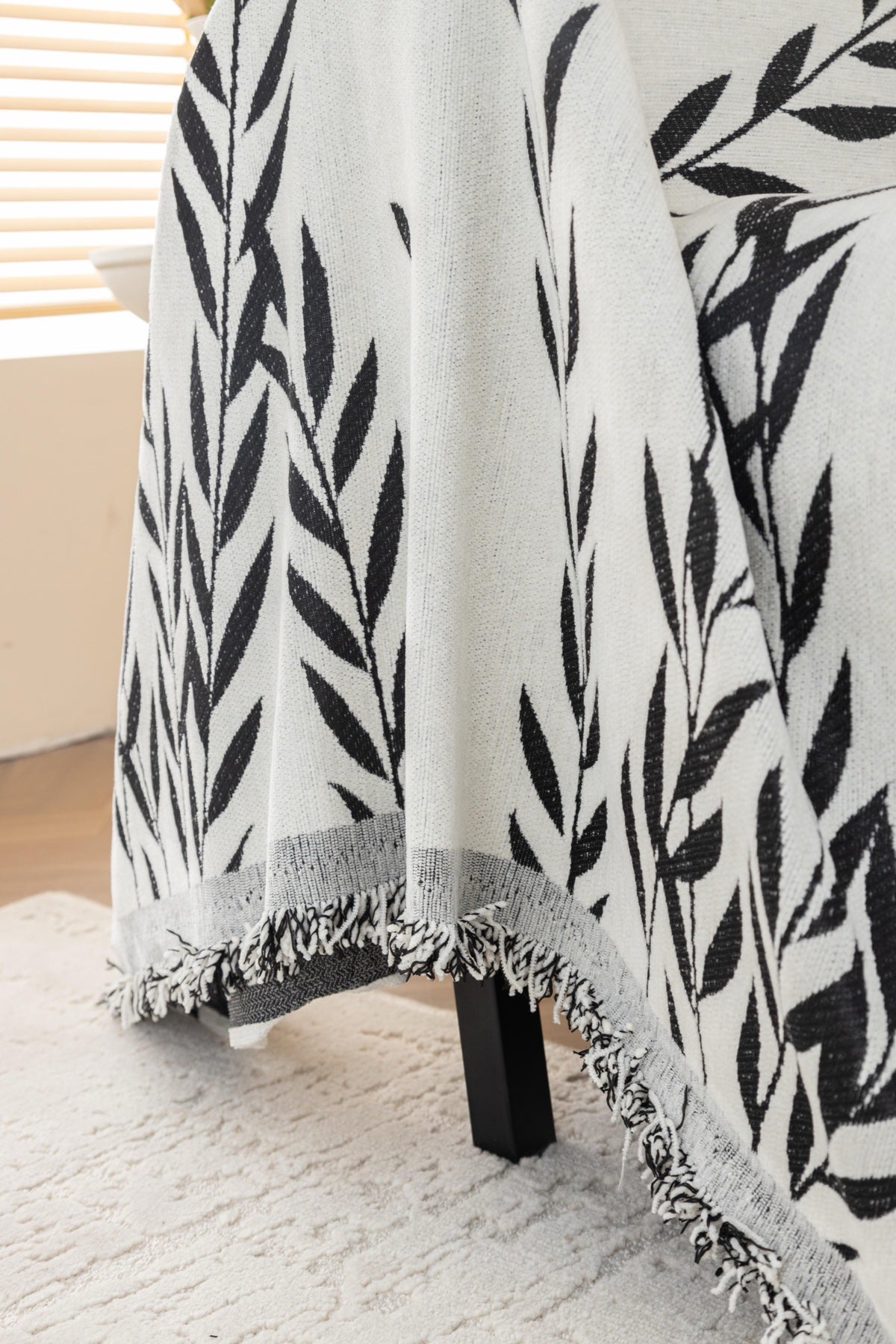 Sofa Decor Oliva Leaf Fringe Sofa Throw Cover in Black Leaf - leaf pattern sofa throw cover styled couch cover in the UK, image 34