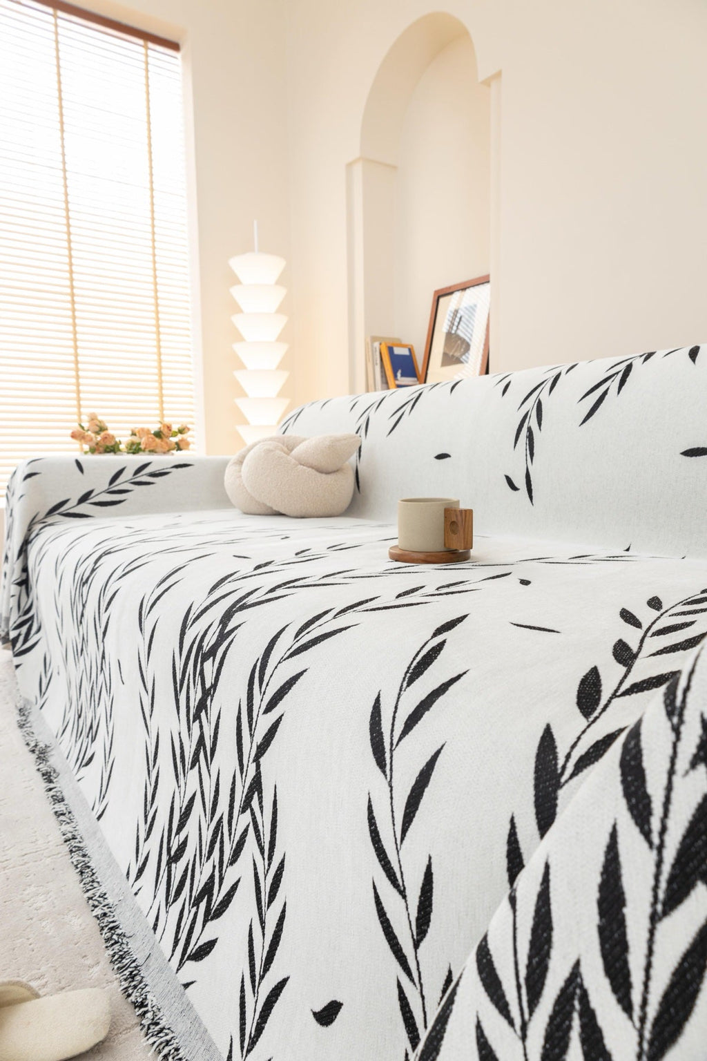 Sofa Decor Oliva Leaf Fringe Sofa Throw Cover in Black Leaf - leaf pattern sofa throw cover styled couch cover in the UK, image 35