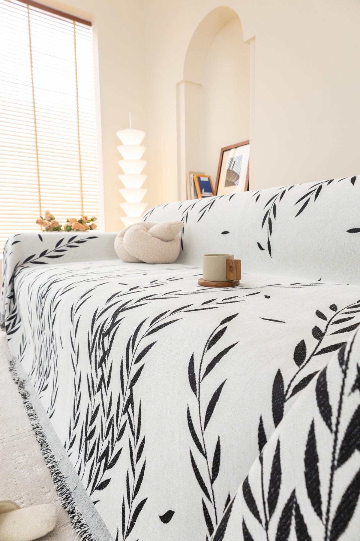 Sofa Decor Oliva Leaf Fringe Sofa Throw Cover in Black Leaf - leaf pattern sofa throw cover styled couch cover in the UK, image 35