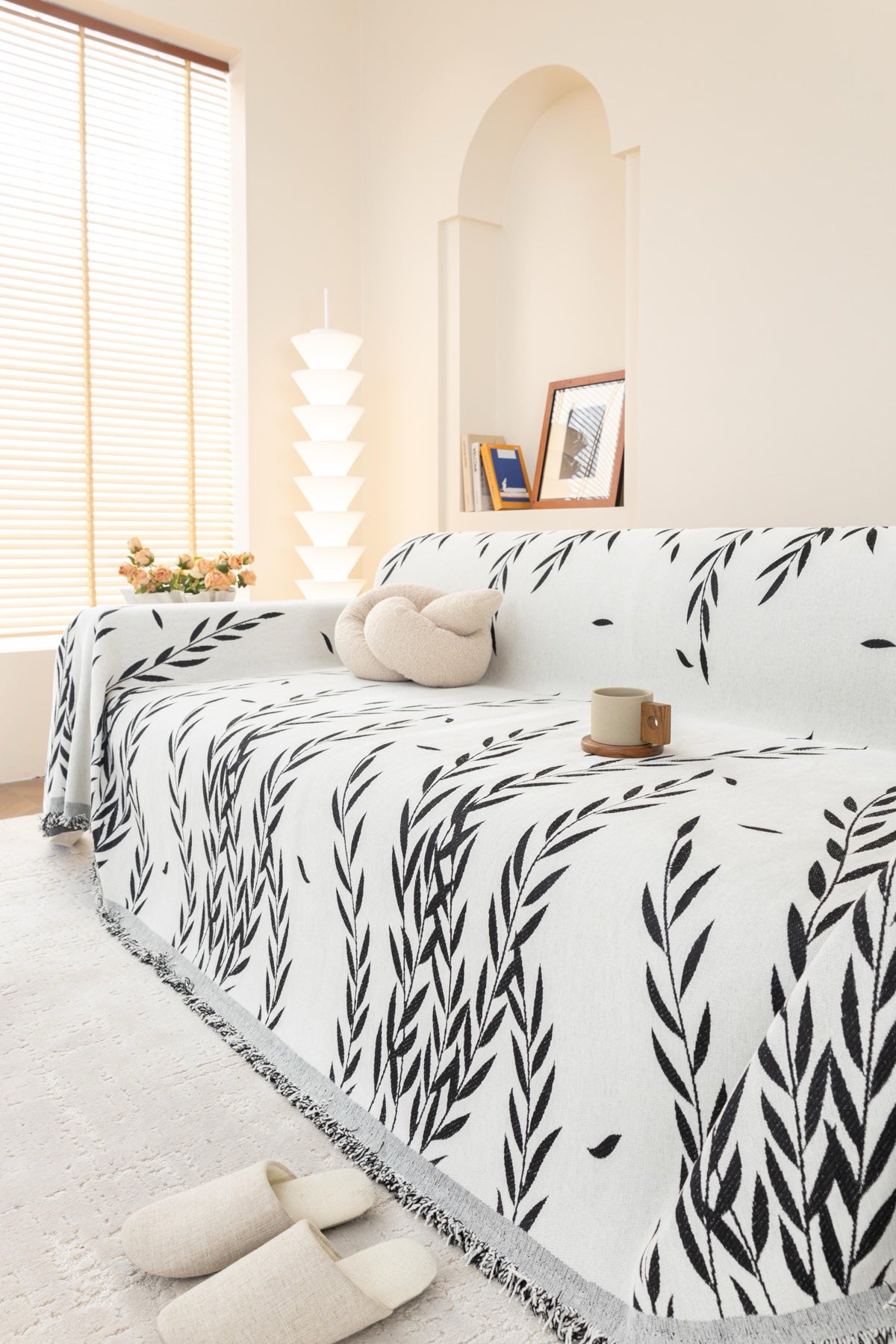 Sofa Decor Oliva Leaf Fringe Sofa Throw Cover in Black Leaf - leaf pattern sofa throw cover styled couch cover in the UK, image 36