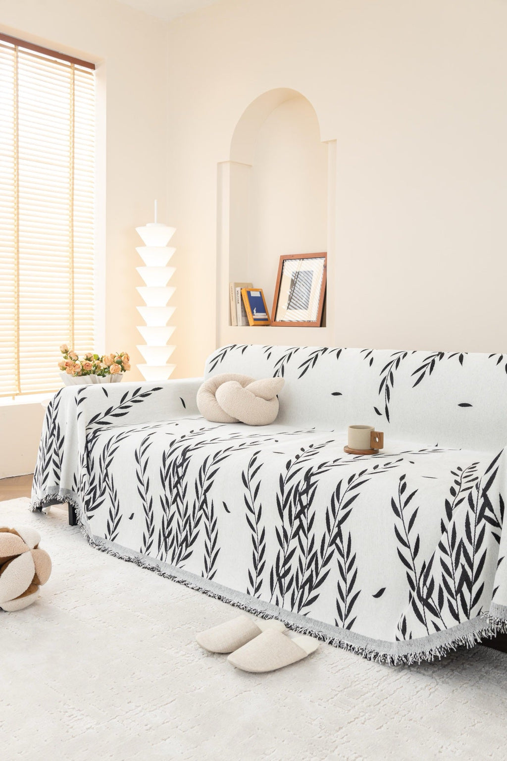 Sofa Decor Oliva Leaf Fringe Sofa Throw Cover in Black Leaf - leaf pattern sofa throw cover styled couch cover in the UK, image 37