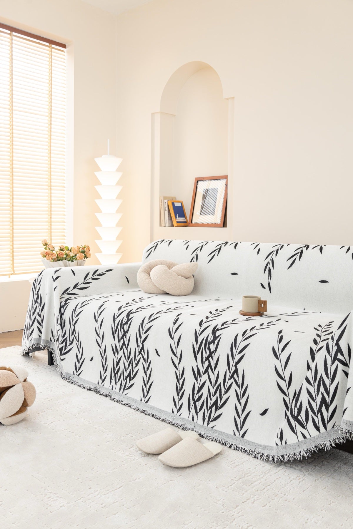Sofa Decor Oliva Leaf Fringe Sofa Throw Cover in Black Leaf - leaf pattern sofa throw cover styled couch cover in the UK, image 37