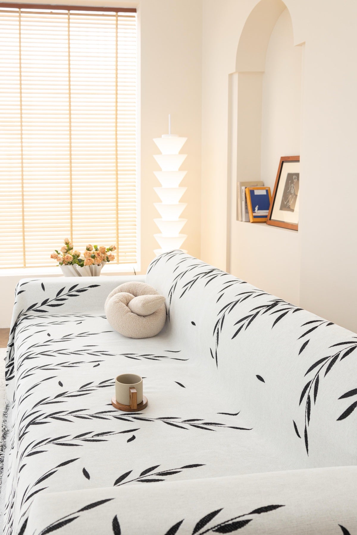 Sofa Decor Oliva Leaf Fringe Sofa Throw Cover in Black Leaf - leaf pattern sofa throw cover styled couch cover in the UK, image 38