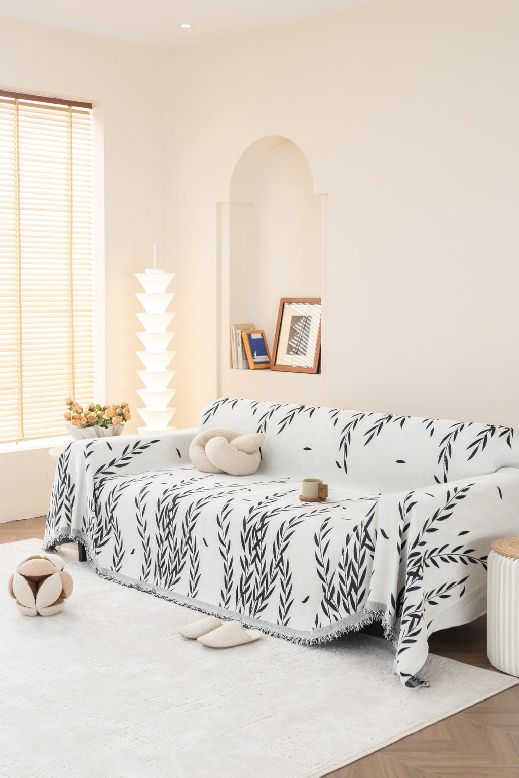 Sofa Decor Oliva Leaf Fringe Sofa Throw Cover in Black Leaf - leaf pattern sofa throw cover styled couch cover in the UK, image 40