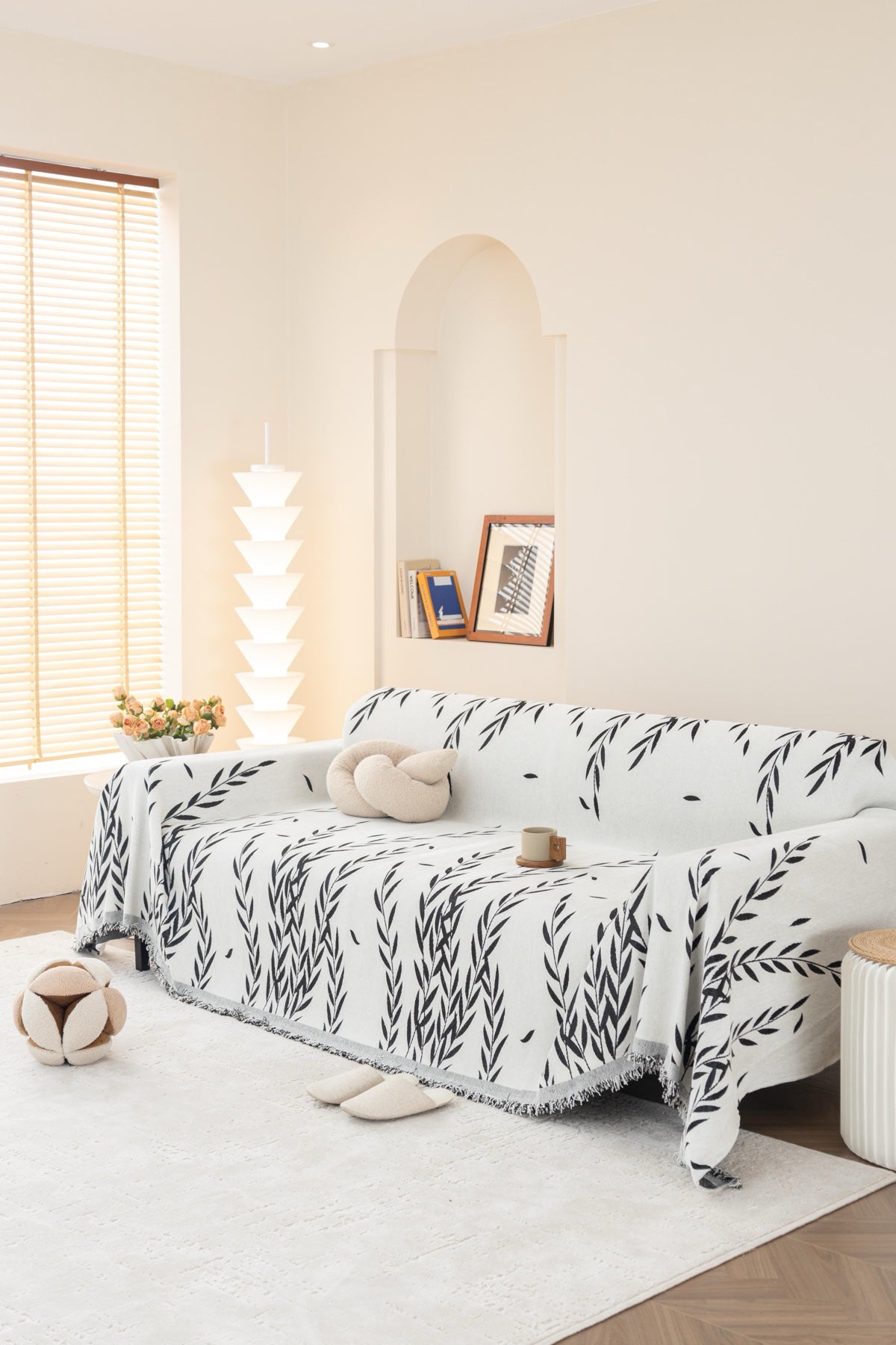 Sofa Decor Oliva Leaf Fringe Sofa Throw Cover in Black Leaf - leaf pattern sofa throw cover styled couch cover in the UK, image 40