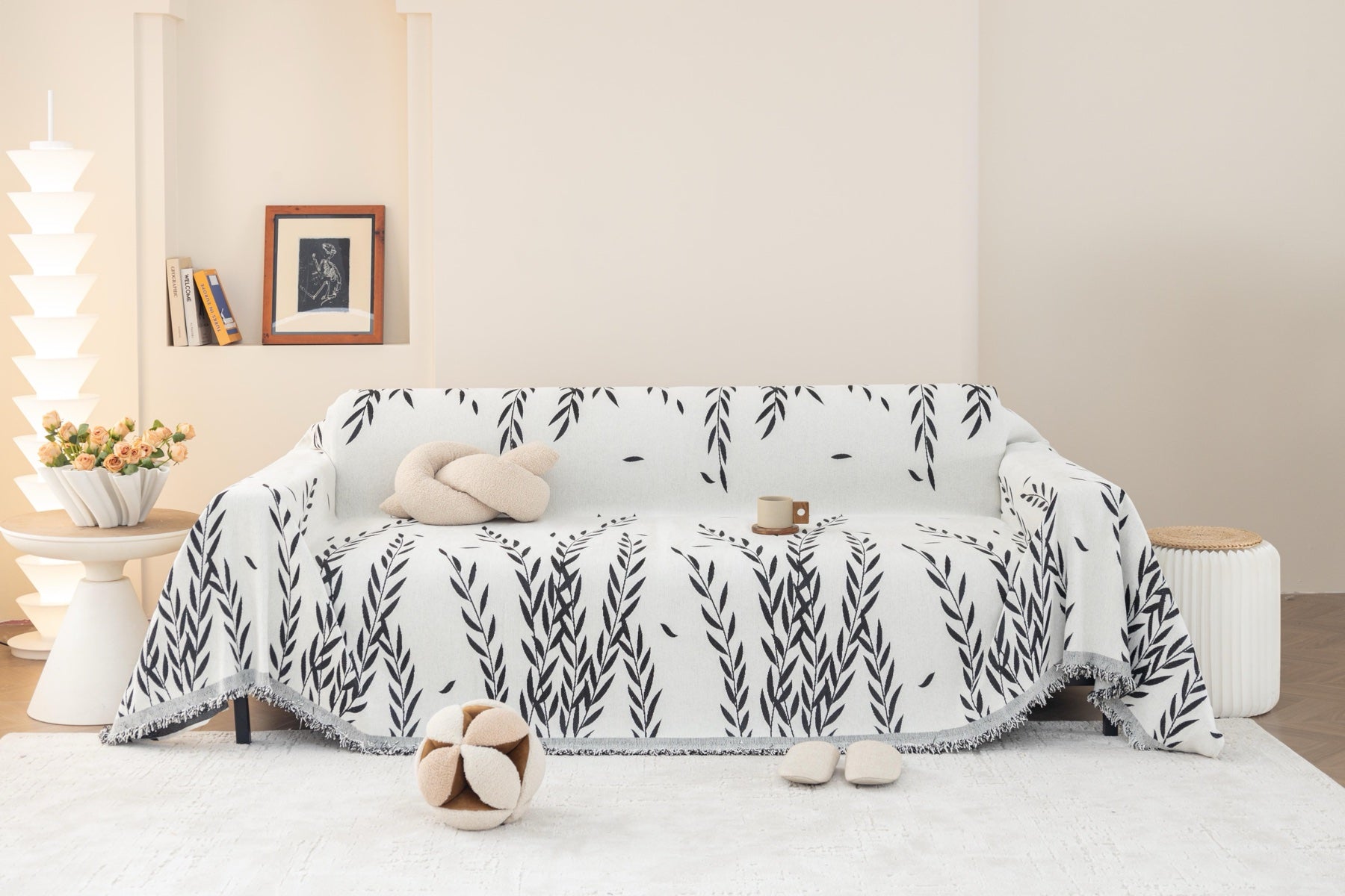Sofa Decor Oliva Leaf Fringe Sofa Throw Cover in Black Leaf - leaf pattern sofa throw cover full sofa styling in the UK, image 41