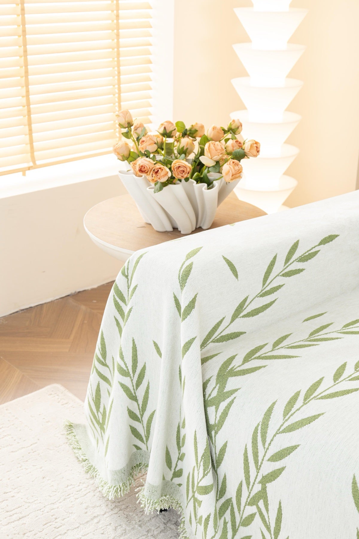 Sofa Decor Oliva Leaf Fringe Sofa Throw Cover in Sage Leaf - leaf pattern sofa throw cover styled couch cover in the UK, image 6