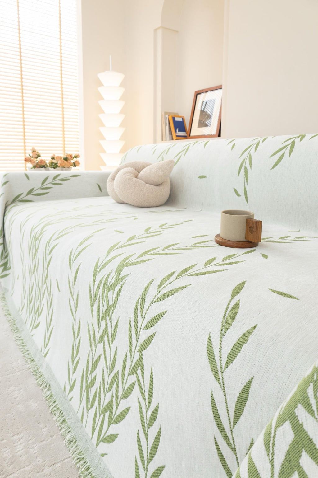 Sofa Decor Oliva Leaf Fringe Sofa Throw Cover in Sage Leaf - leaf pattern sofa throw cover styled couch cover in the UK, image 7
