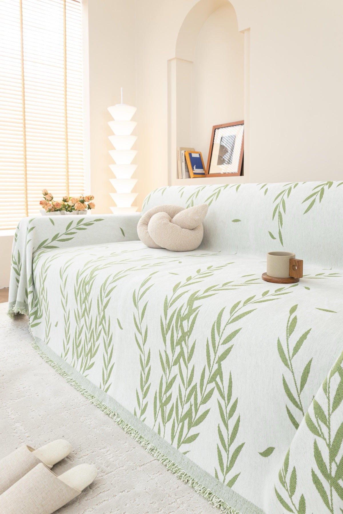 Sofa Decor Oliva Leaf Fringe Sofa Throw Cover in Sage Leaf - leaf pattern sofa throw cover styled couch cover in the UK, image 8