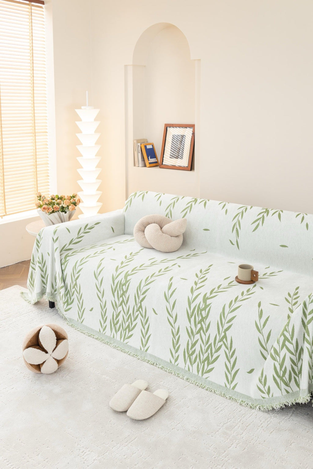 Sofa Decor Oliva Leaf Fringe Sofa Throw Cover in Sage Leaf - leaf pattern sofa throw cover styled couch cover in the UK, image 9
