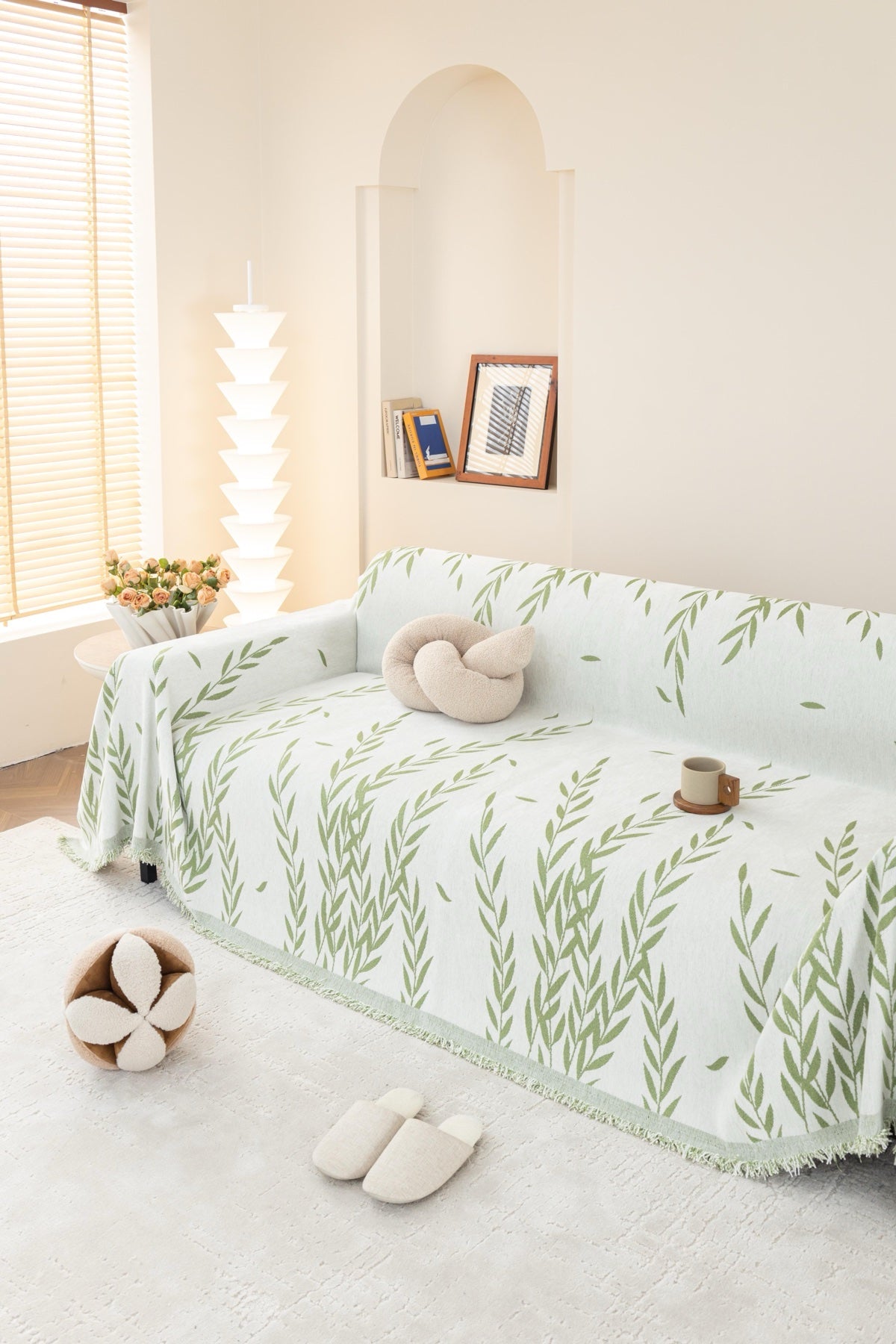Sofa Decor Oliva Leaf Fringe Sofa Throw Cover in Sage Leaf - leaf pattern sofa throw cover styled couch cover in the UK, image 9