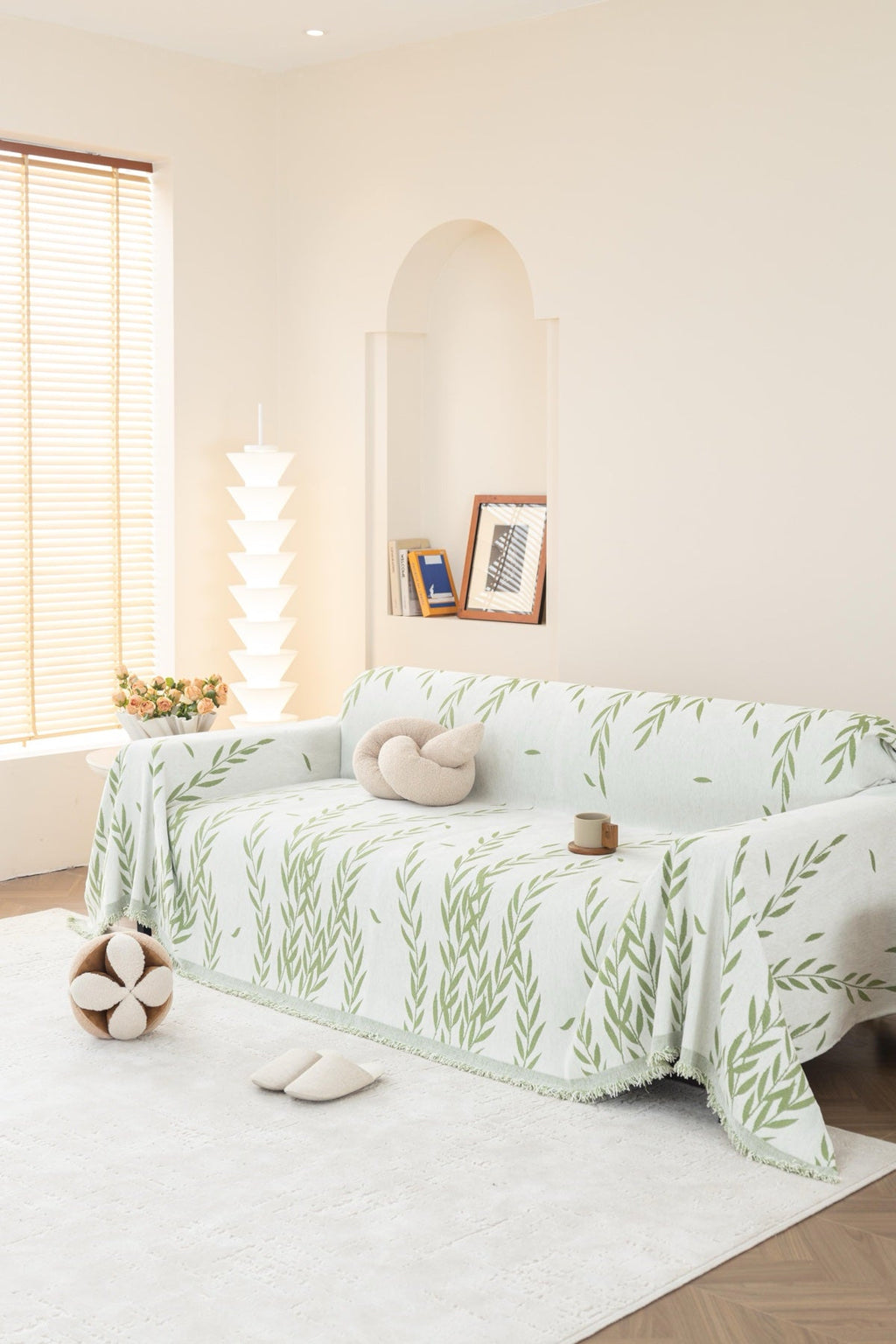 Sofa Decor Oliva Leaf Fringe Sofa Throw Cover in Sage Leaf - leaf pattern sofa throw cover styled couch cover in the UK, image 10