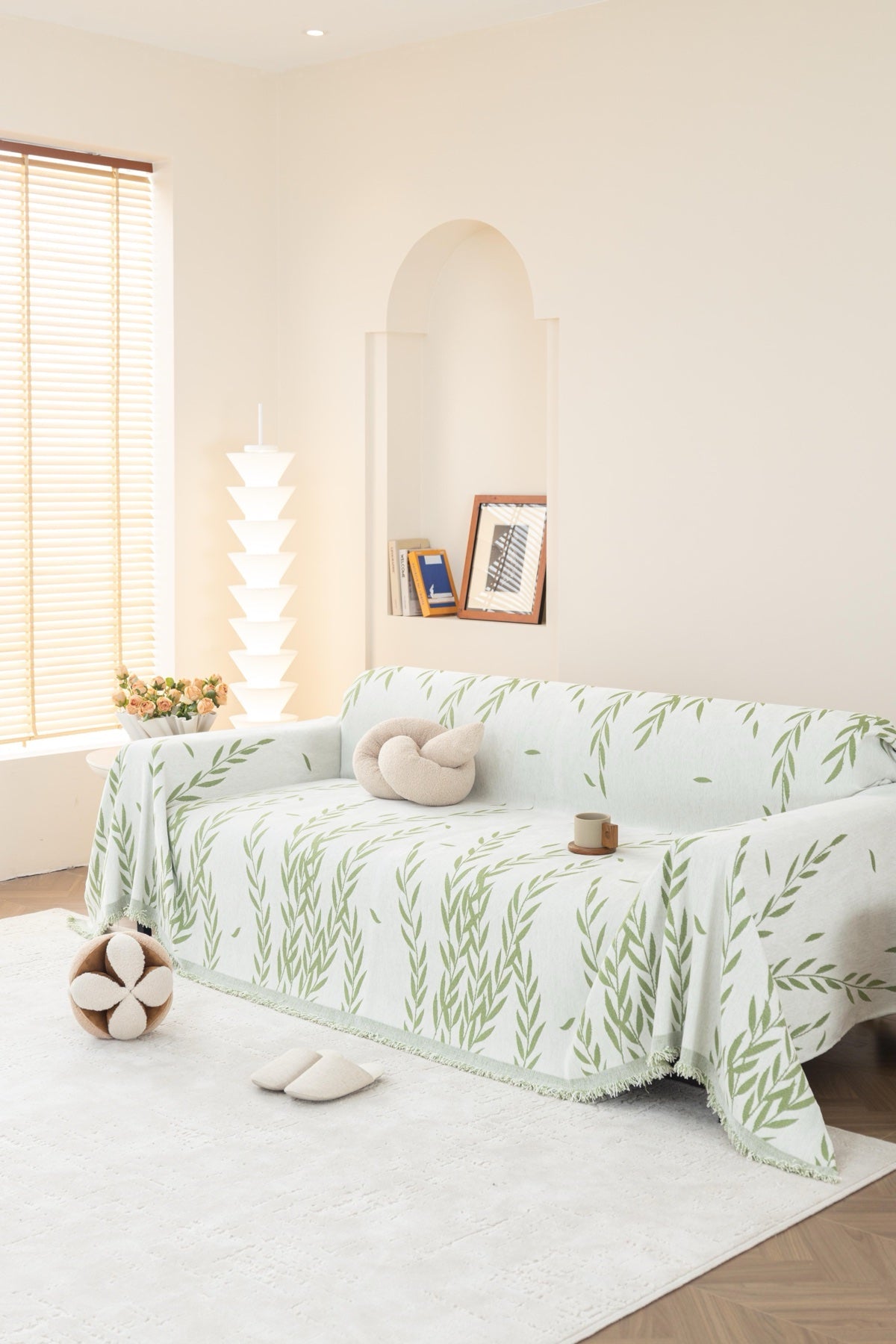 Sofa Decor Oliva Leaf Fringe Sofa Throw Cover in Sage Leaf - leaf pattern sofa throw cover styled couch cover in the UK, image 10