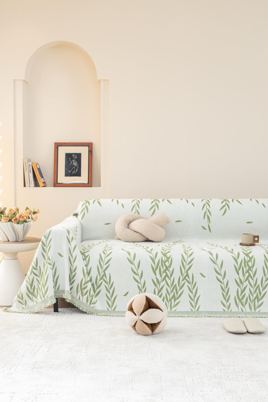 Sofa Decor Oliva Leaf Fringe Sofa Throw Cover in Sage Leaf - leaf pattern sofa throw cover full sofa styling in the UK, image 11