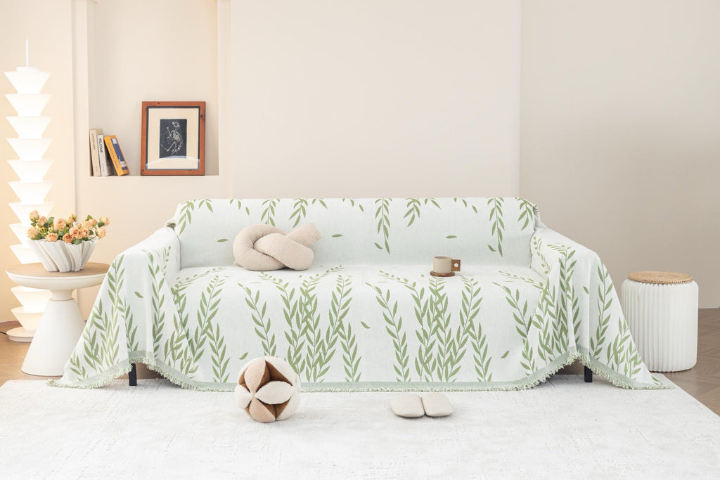 Sofa Decor Oliva Leaf Fringe Sofa Throw Cover in Sage Leaf - leaf pattern sofa throw cover styled couch cover in the UK, image 12