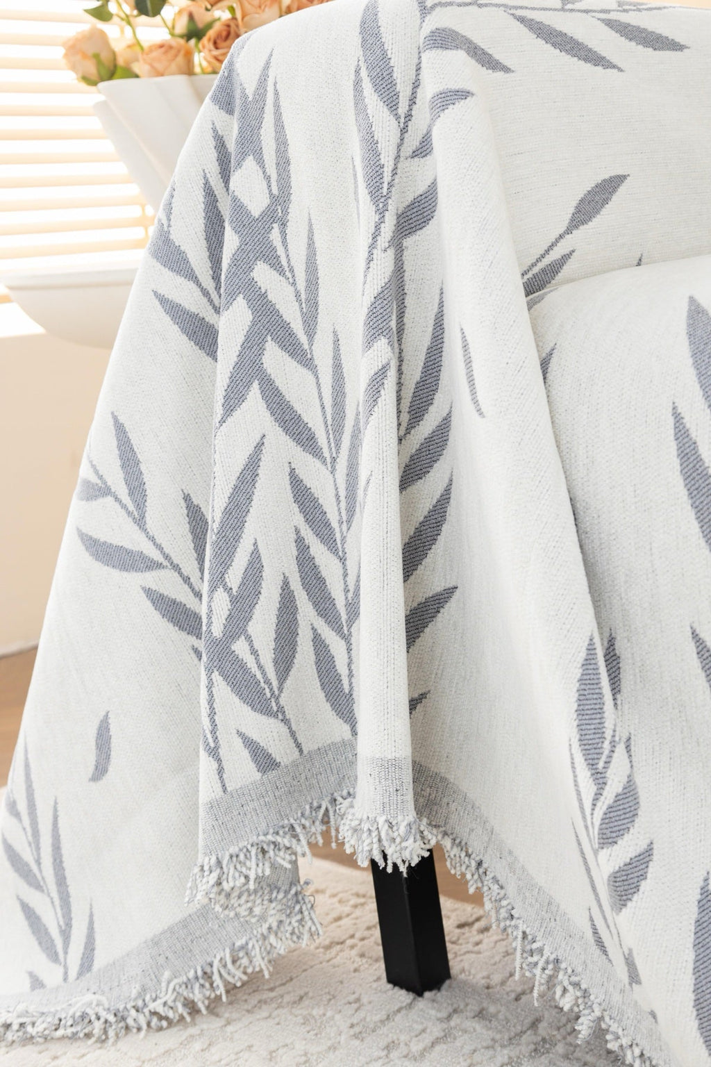 Sofa Decor Oliva Leaf Fringe Sofa Throw Cover in Silver Leaf - leaf pattern sofa throw cover styled couch cover in the UK, image 19