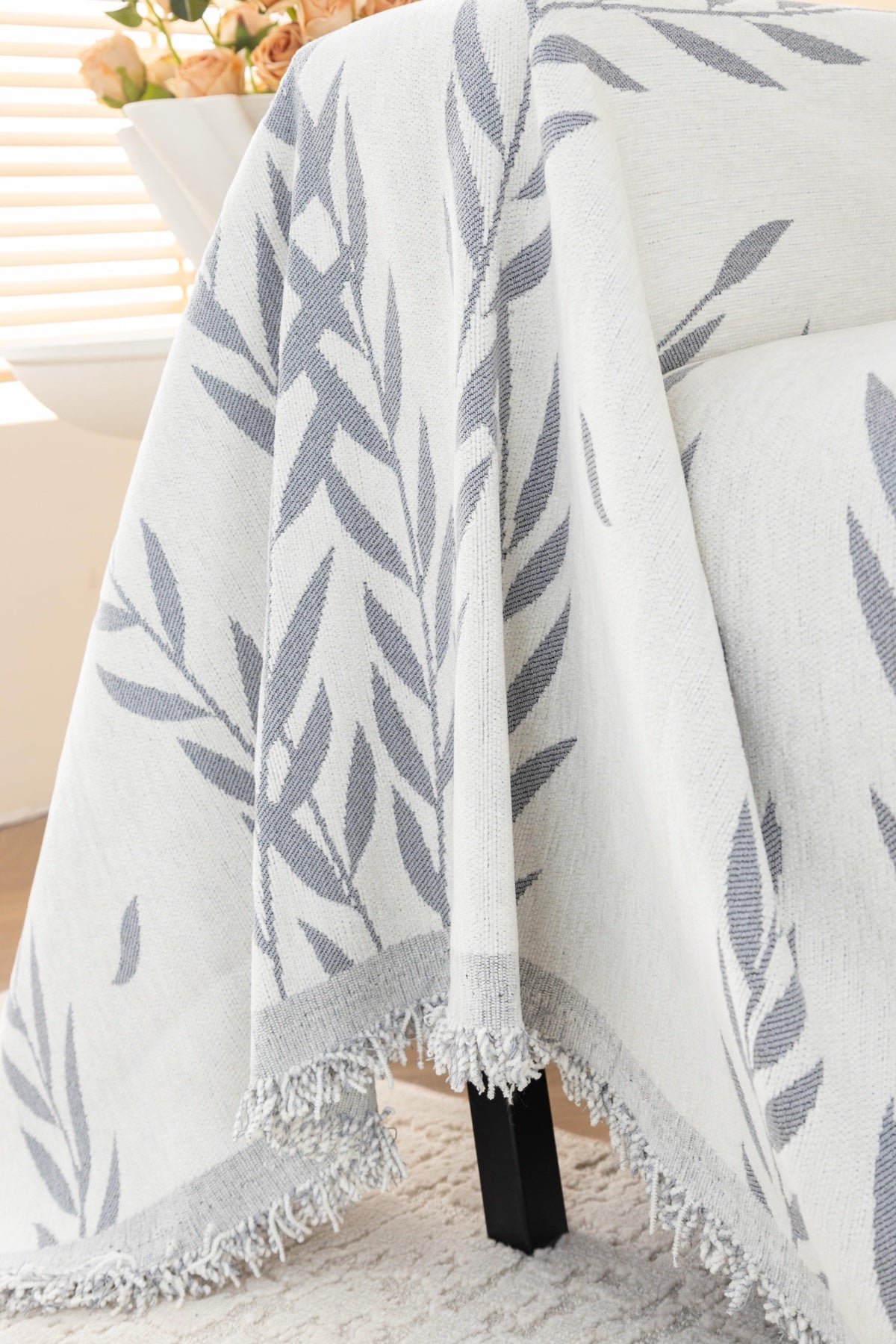 Sofa Decor Oliva Leaf Fringe Sofa Throw Cover in Silver Leaf - leaf pattern sofa throw cover styled couch cover in the UK, image 19