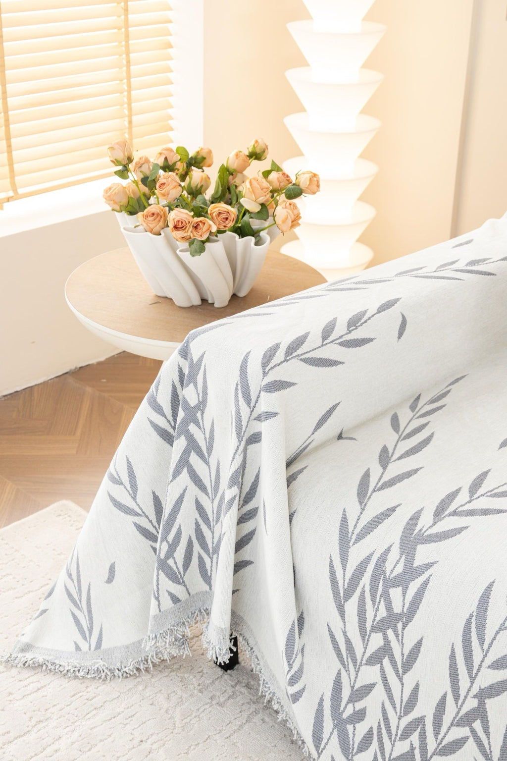 Sofa Decor Oliva Leaf Fringe Sofa Throw Cover in Silver Leaf - leaf pattern sofa throw cover styled couch cover in the UK, image 20
