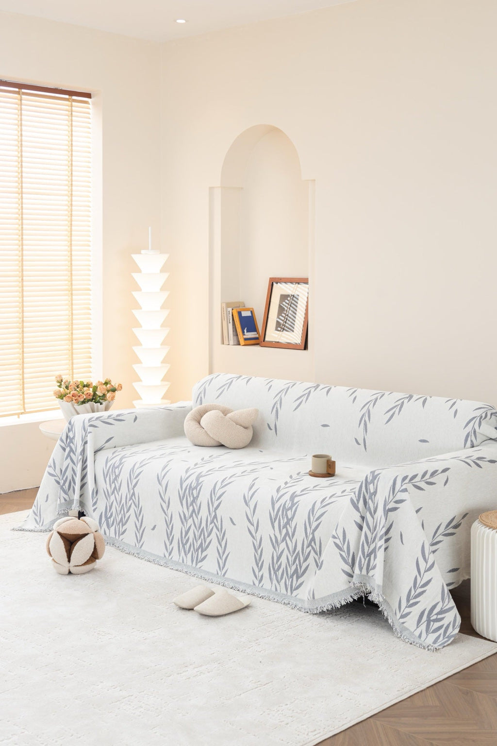 Sofa Decor Oliva Leaf Fringe Sofa Throw Cover in Silver Leaf - leaf pattern sofa throw cover styled couch cover in the UK, image 26