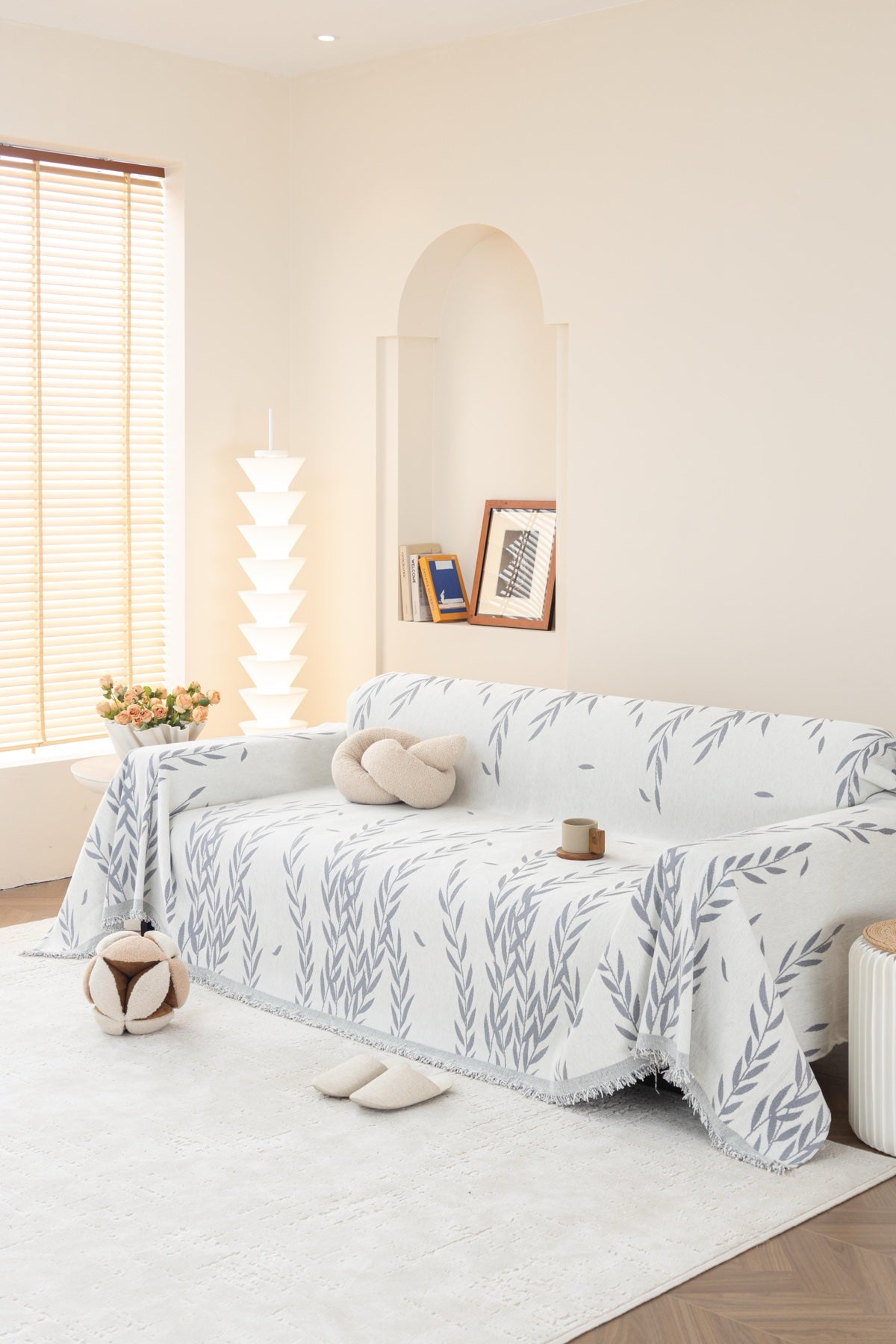 Sofa Decor Oliva Leaf Fringe Sofa Throw Cover in Silver Leaf - leaf pattern sofa throw cover styled couch cover in the UK, image 26