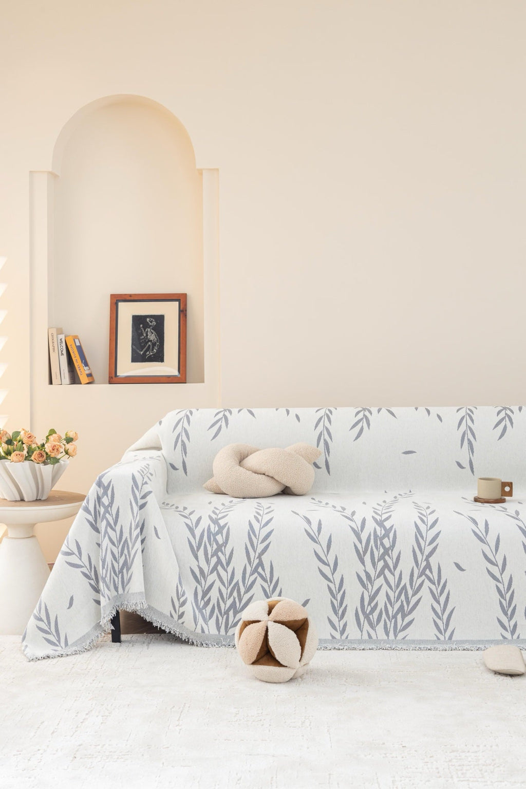 Sofa Decor Oliva Leaf Fringe Sofa Throw Cover in Silver Leaf - leaf pattern sofa throw cover styled couch cover in the UK, image 27