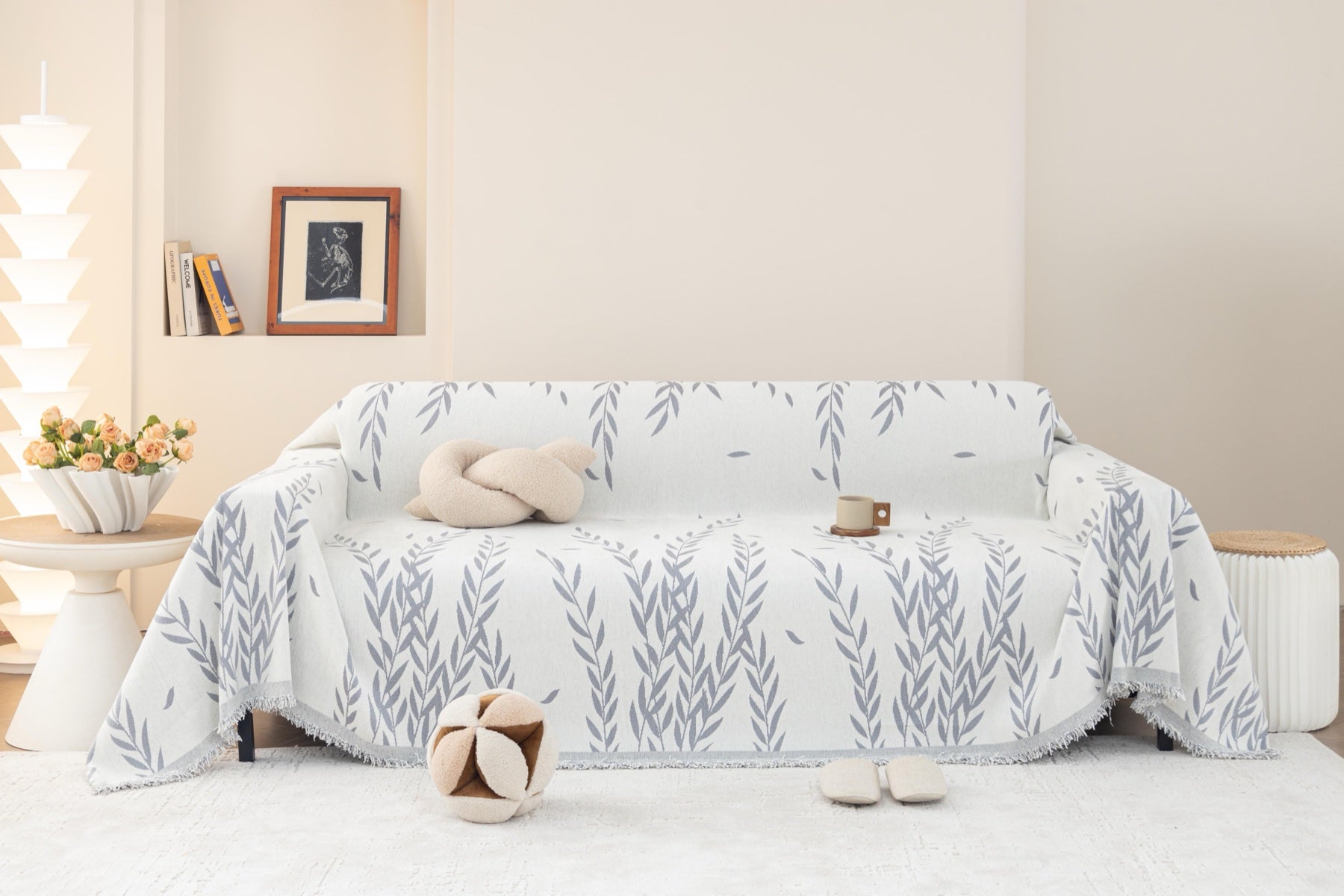 Sofa Decor Oliva Leaf Fringe Sofa Throw Cover in Silver Leaf - leaf pattern sofa throw cover full sofa styling in the UK, image 28