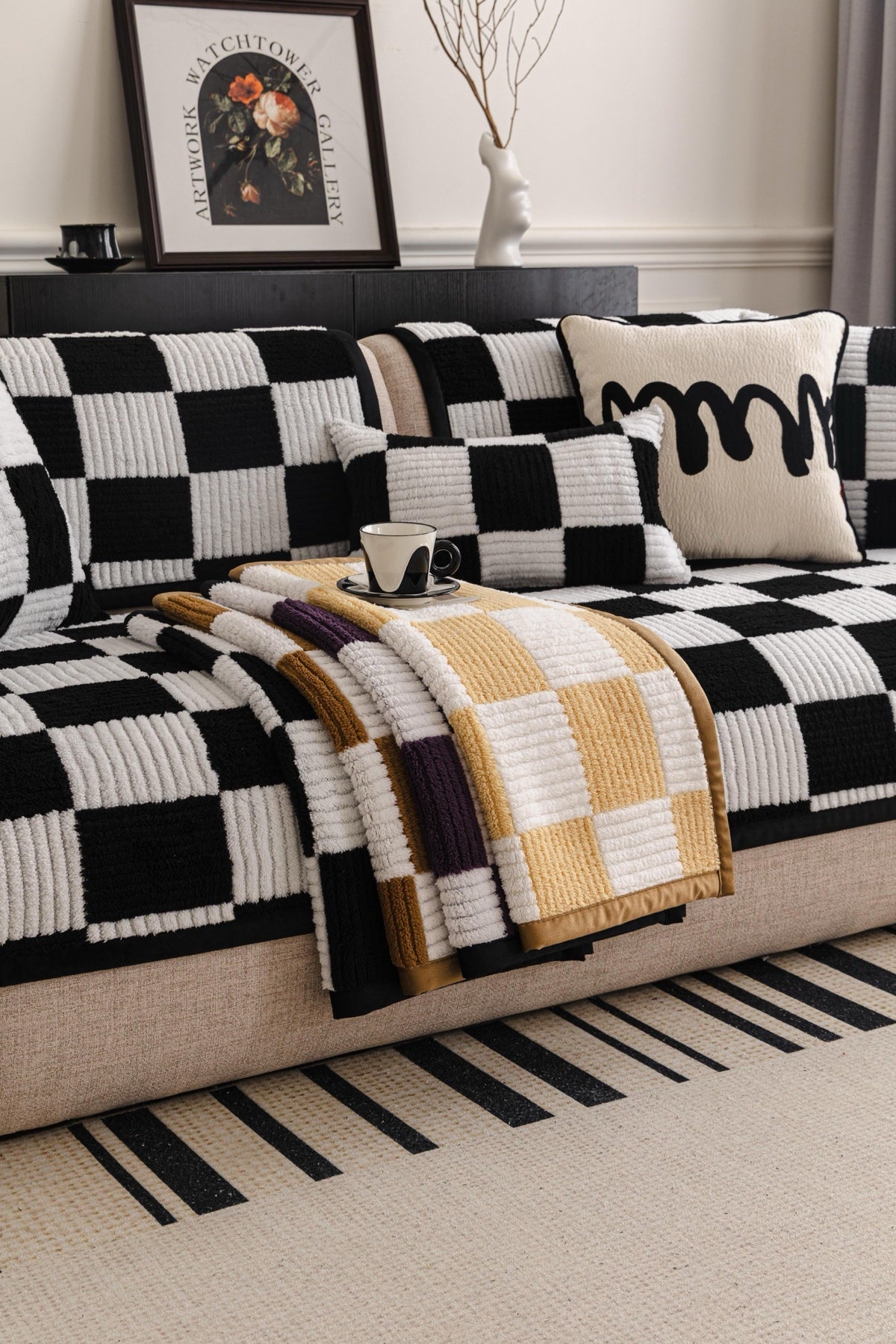 Sofa Decor Palermo Checker Chenille Sofa Cover Piece in Black Cream - layered piece styling view for checker chenille sofa cover pieces in the UK, image 65