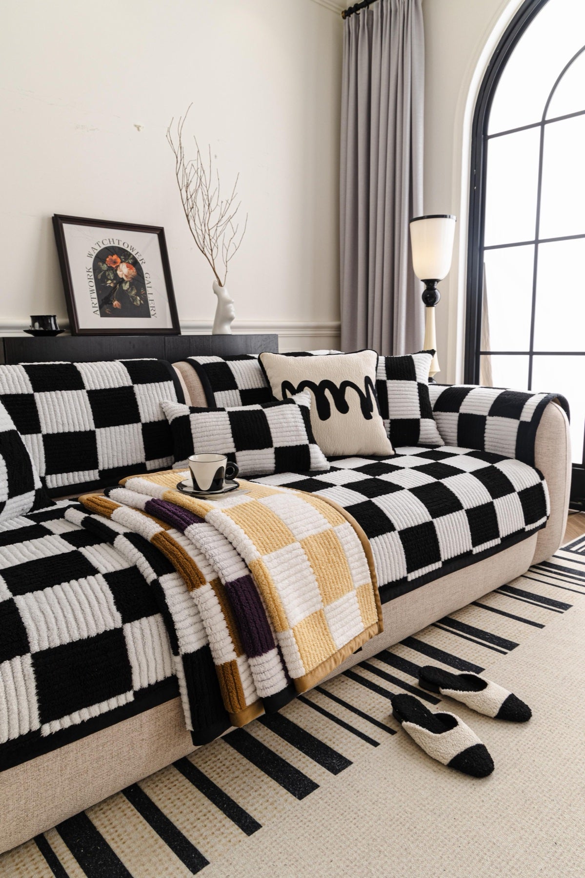 Sofa Decor Palermo Checker Chenille Sofa Cover Piece in Black Cream - layered piece styling view for checker chenille sofa cover pieces in the UK, image 66