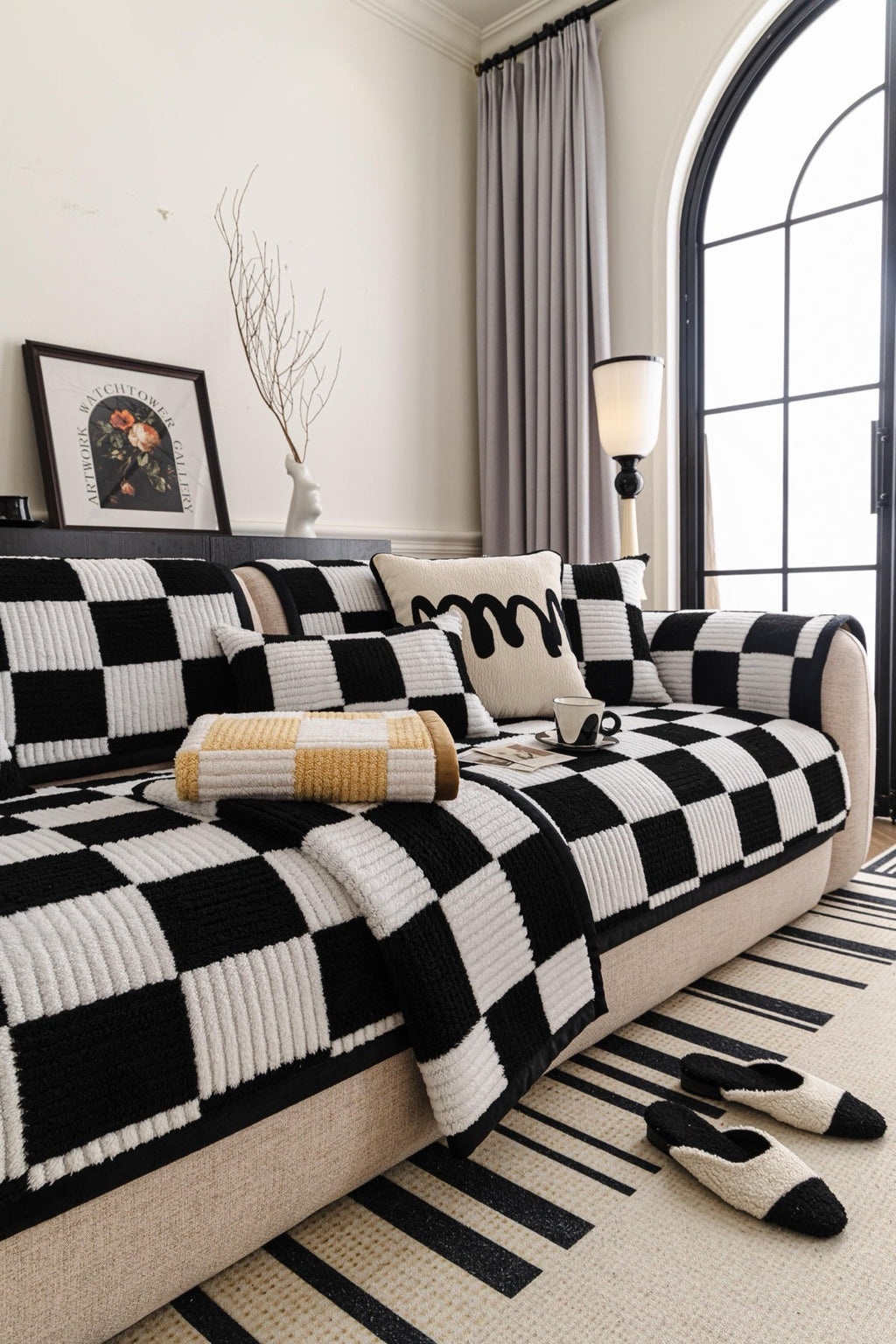 Sofa Decor Palermo Checker Chenille Sofa Cover Piece in Black Cream - layered piece styling view for checker chenille sofa cover pieces in the UK, image 67