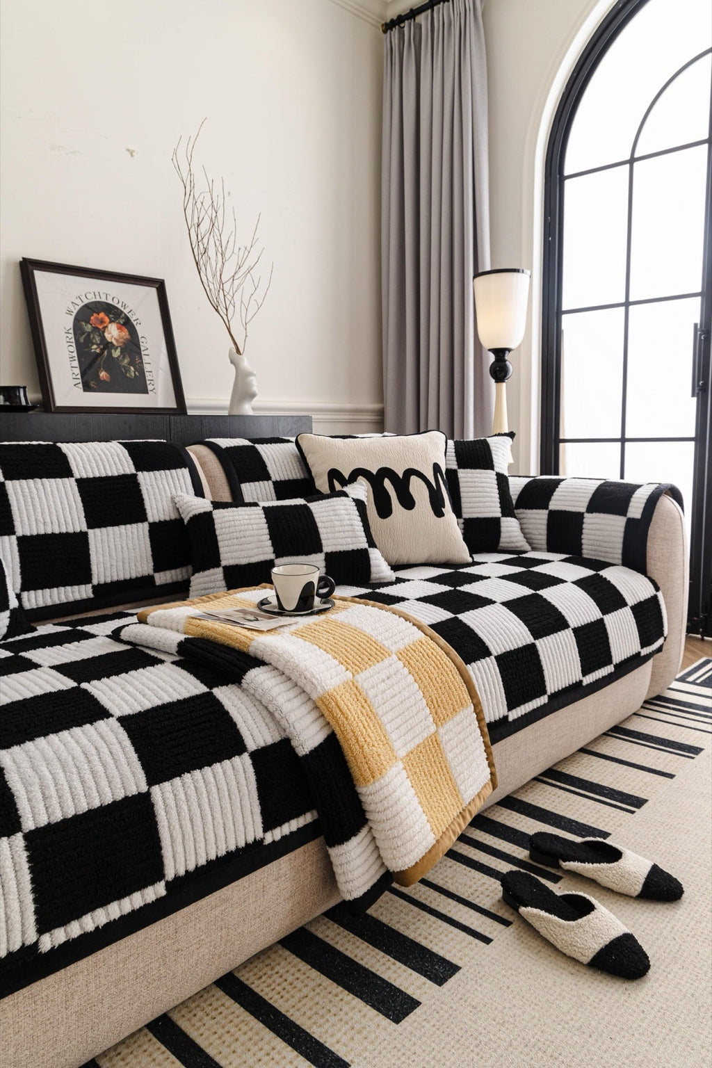 Sofa Decor Palermo Checker Chenille Sofa Cover Piece in Black Cream - layered piece styling view for checker chenille sofa cover pieces in the UK, image 68