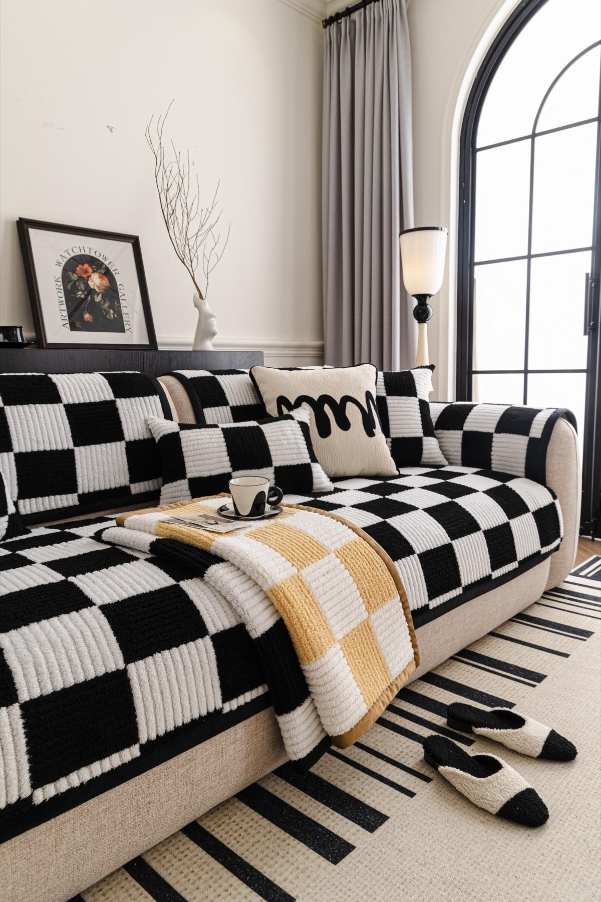Sofa Decor Palermo Checker Chenille Sofa Cover Piece in Black Cream - layered piece styling view for checker chenille sofa cover pieces in the UK, image 68