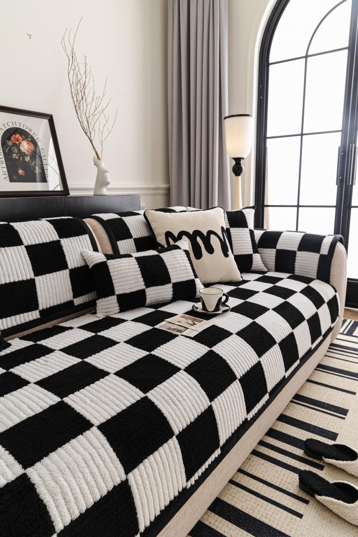 Sofa Decor Palermo Checker Chenille Sofa Cover Piece in Black Cream - styled checker sofa cover piece for checker chenille sofa cover pieces in the UK, image 59