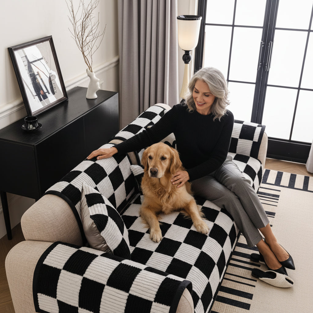 Sofa Decor Palermo Checker Chenille Sofa Cover Piece in Black Cream - styled checker sofa cover piece for checker chenille sofa cover pieces in the UK, image 60