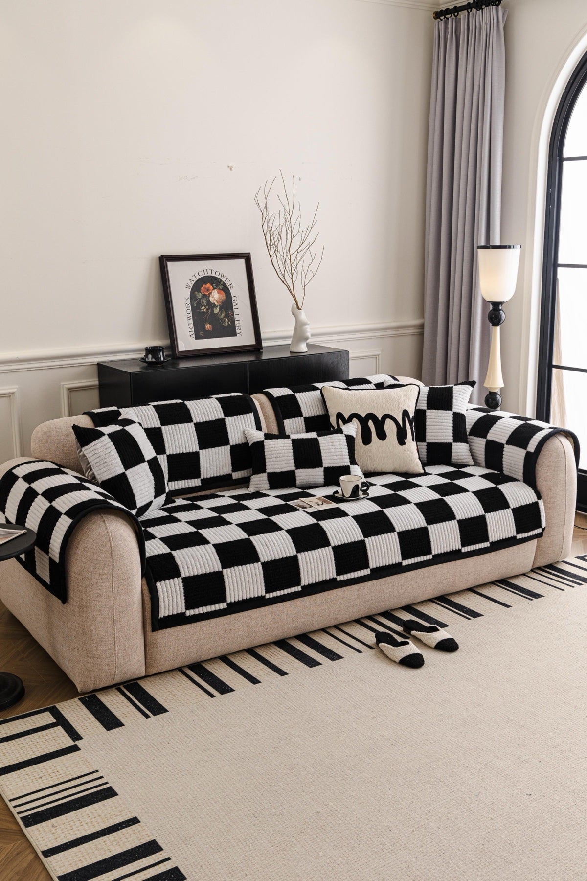 Sofa Decor Palermo Checker Chenille Sofa Cover Piece in Black Cream - front sofa fit view for checker chenille sofa cover pieces in the UK, image 56
