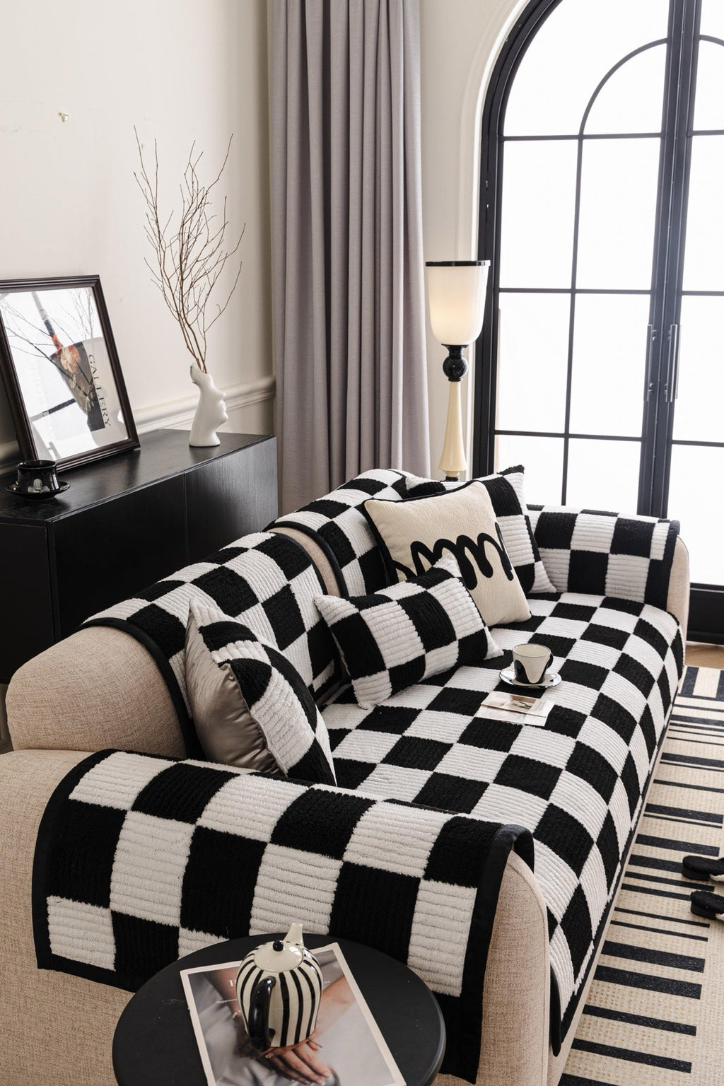 Sofa Decor Palermo Checker Chenille Sofa Cover Piece in Black Cream - styled checker sofa cover piece for checker chenille sofa cover pieces in the UK, image 61