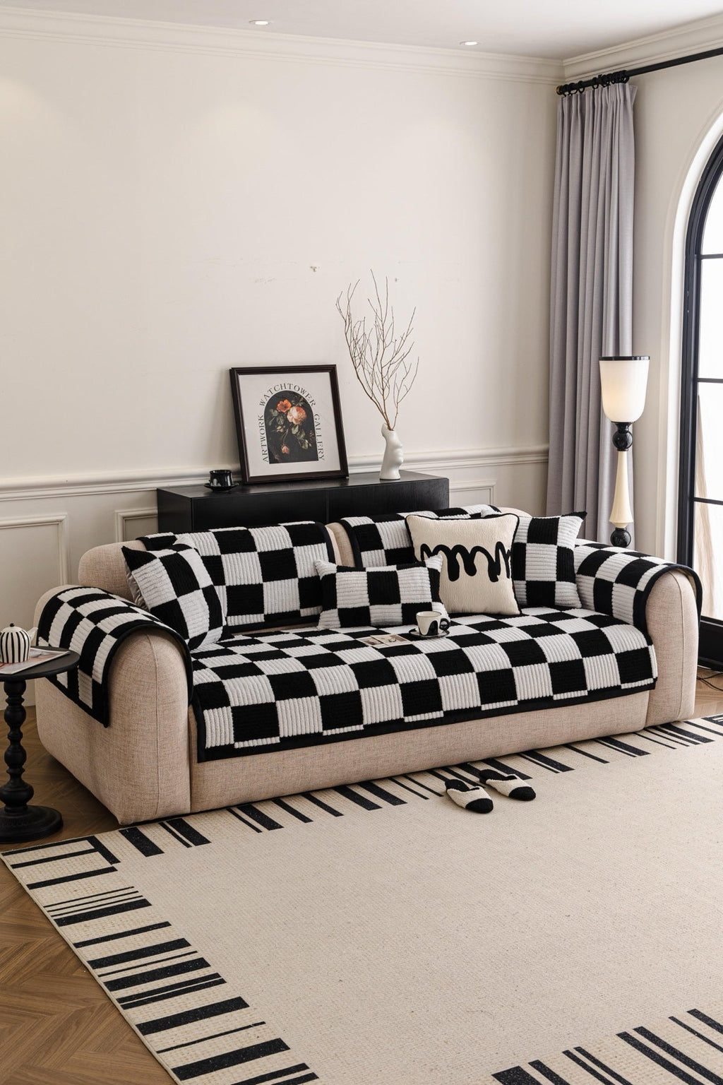 Sofa Decor Palermo Checker Chenille Sofa Cover Piece in Black Cream - styled checker sofa cover piece for checker chenille sofa cover pieces in the UK, image 62