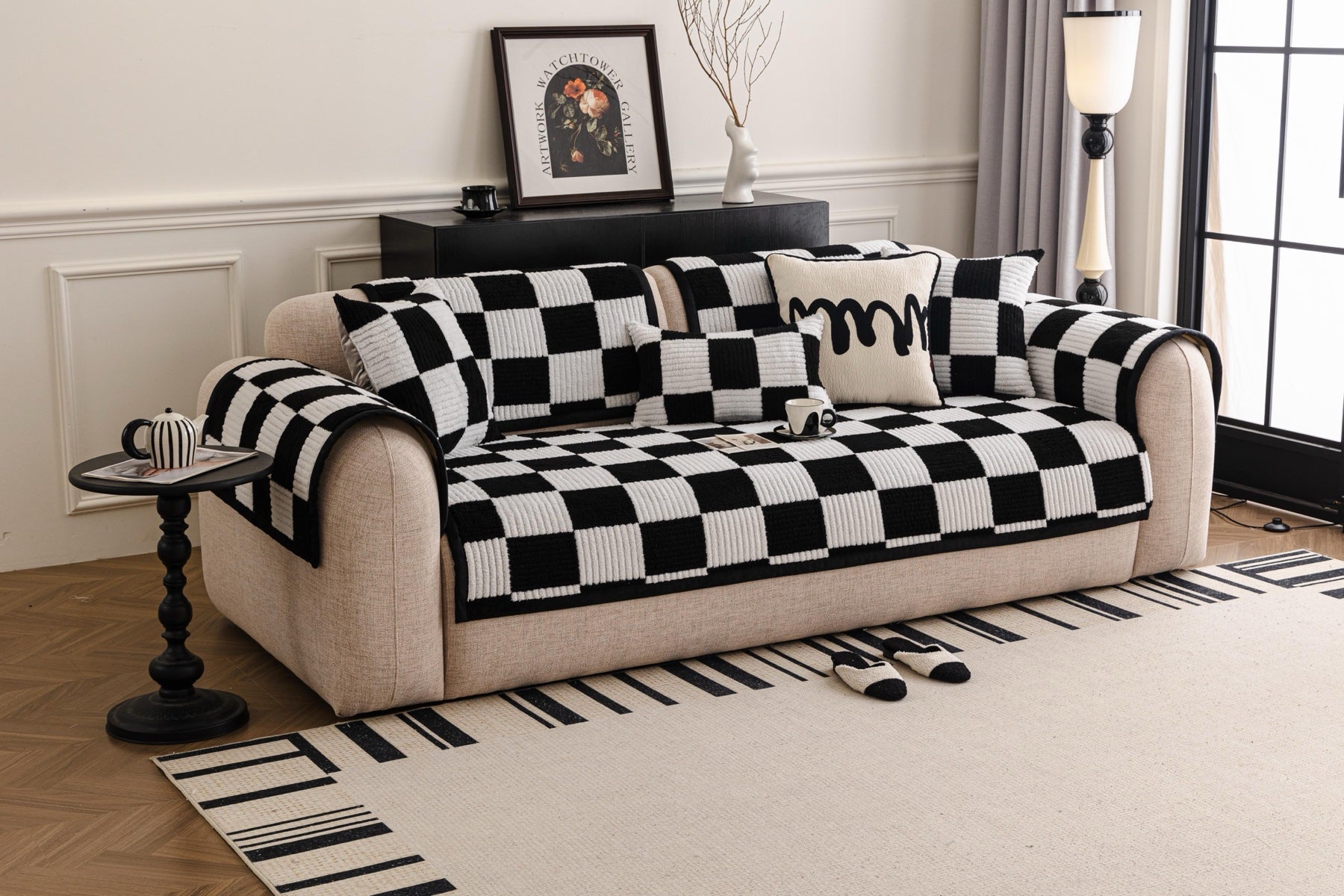 Sofa Decor Palermo Checker Chenille Sofa Cover Piece in Black Cream - front sofa fit view for checker chenille sofa cover pieces in the UK, image 57