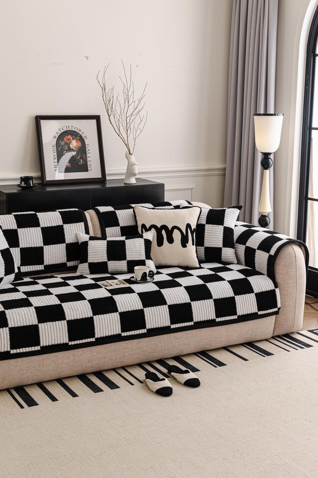 Sofa Decor Palermo Checker Chenille Sofa Cover Piece in Black Cream - styled checker sofa cover piece for checker chenille sofa cover pieces in the UK, image 63