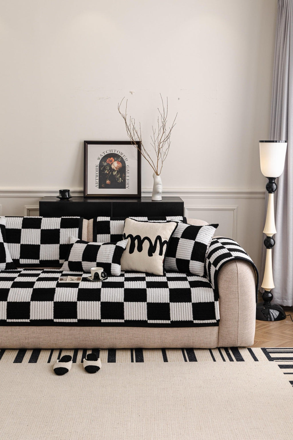 Sofa Decor Palermo Checker Chenille Sofa Cover Piece in Black Cream - styled checker sofa cover piece for checker chenille sofa cover pieces in the UK, image 64