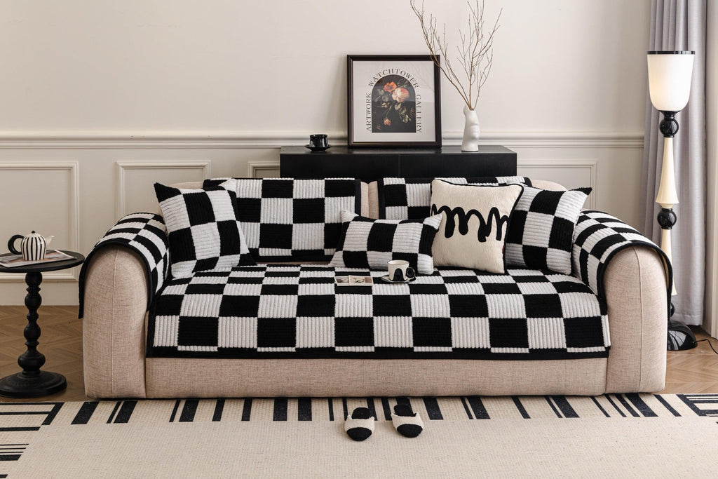 Sofa Decor Palermo Checker Chenille Sofa Cover Piece in Black Cream - front sofa fit view for checker chenille sofa cover pieces in the UK, image 58