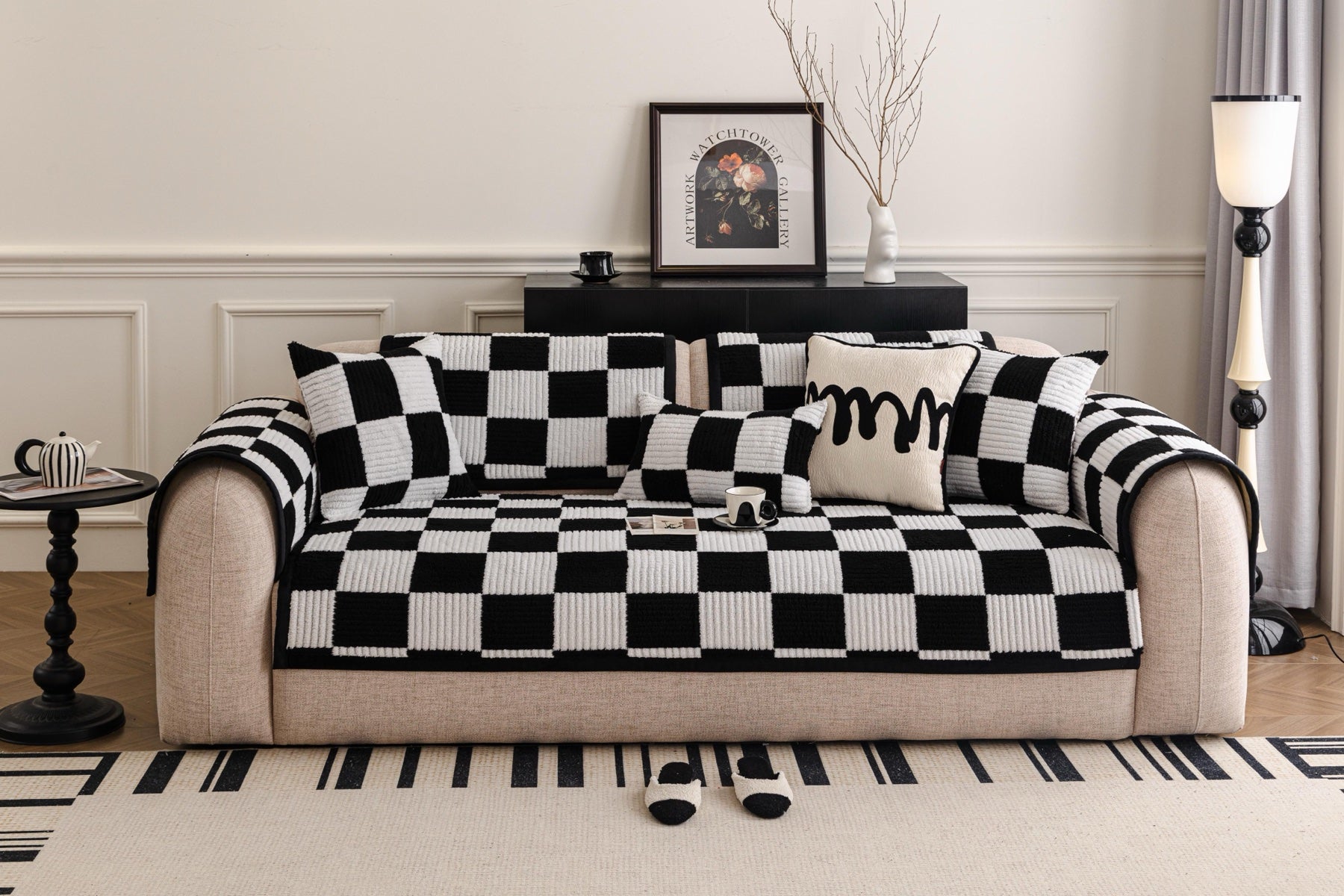 Sofa Decor Palermo Checker Chenille Sofa Cover Piece in Black Cream - front sofa fit view for checker chenille sofa cover pieces in the UK, image 58