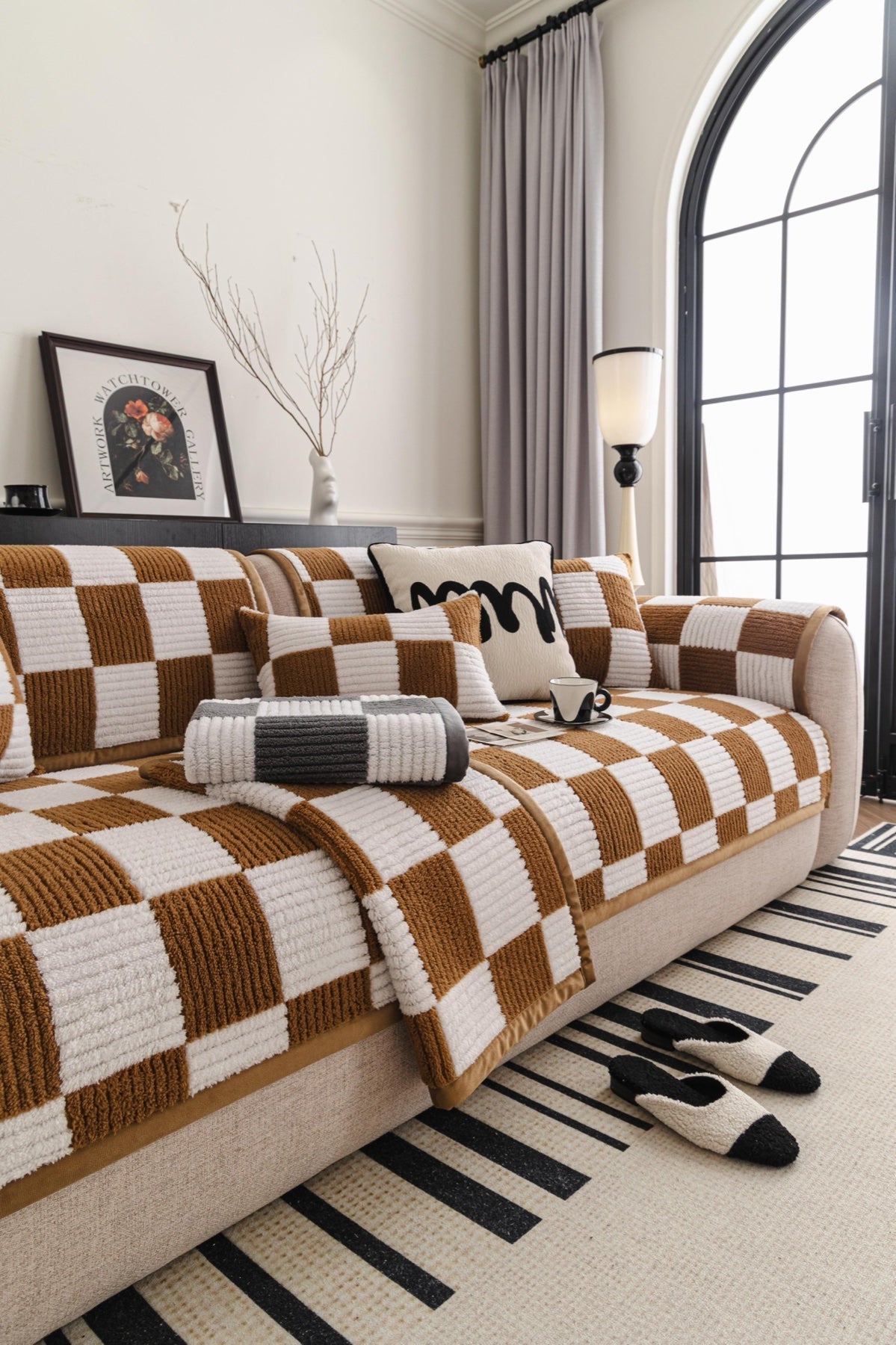 Sofa Decor Palermo Checker Chenille Sofa Cover Piece in Caramel Cream - styled checker sofa cover piece for checker chenille sofa cover pieces in the UK, image 17