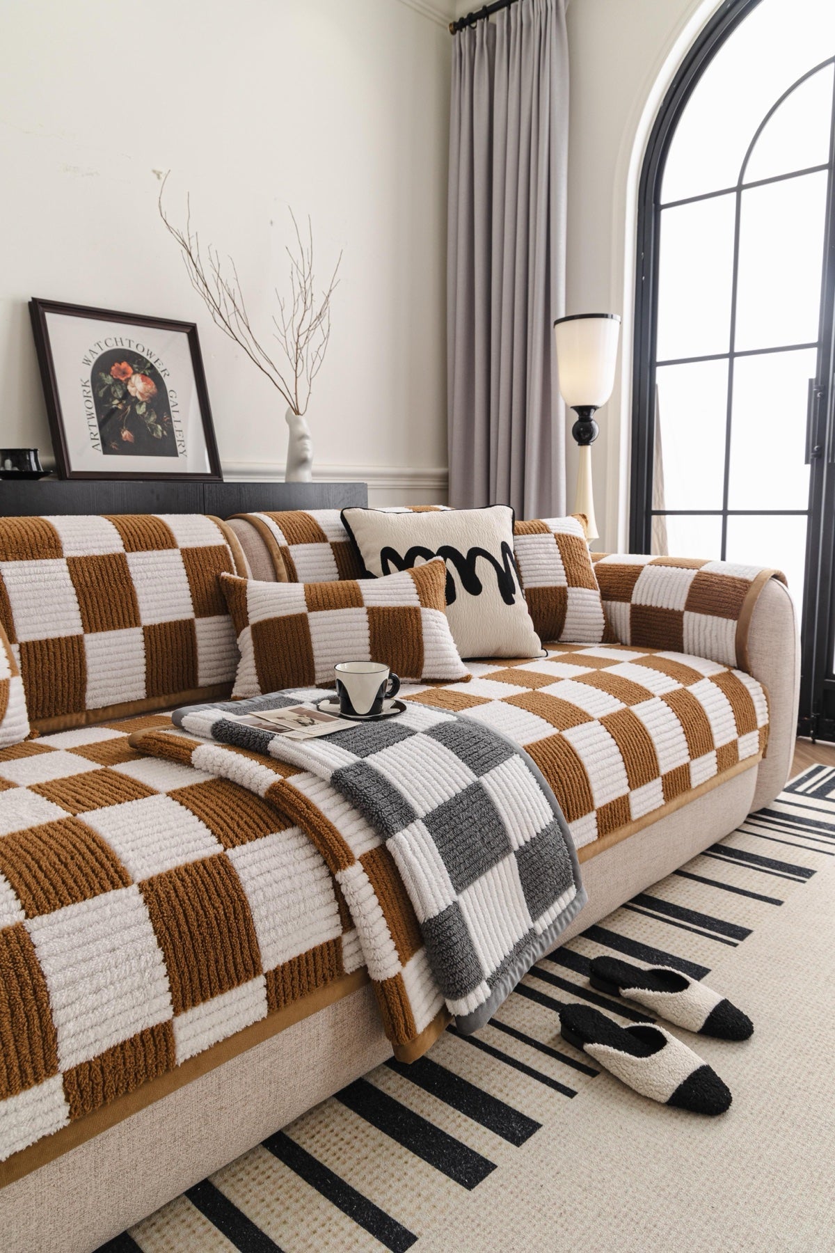 Sofa Decor Palermo Checker Chenille Sofa Cover Piece in Caramel Cream - layered piece styling view for checker chenille sofa cover pieces in the UK, image 18