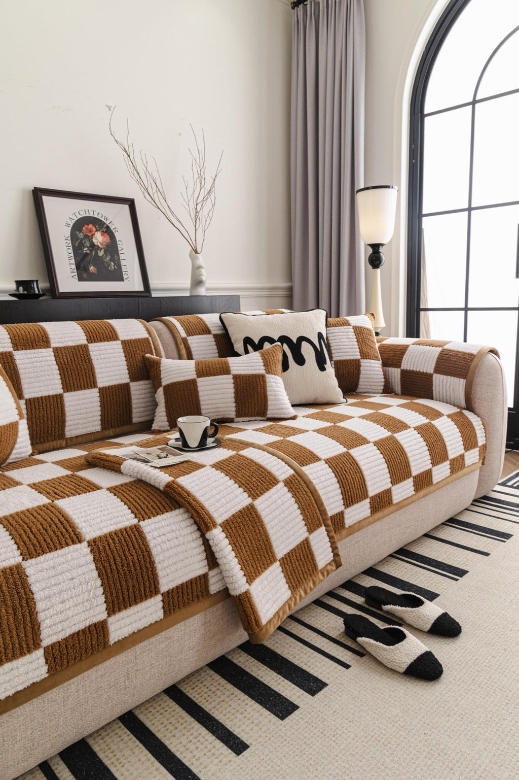 Sofa Decor Palermo Checker Chenille Sofa Cover Piece in Caramel Cream - styled checker sofa cover piece for checker chenille sofa cover pieces in the UK, image 19