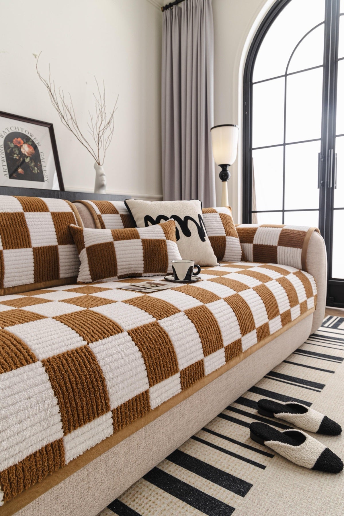 Sofa Decor Palermo Checker Chenille Sofa Cover Piece in Caramel Cream - styled checker sofa cover piece for checker chenille sofa cover pieces in the UK, image 20