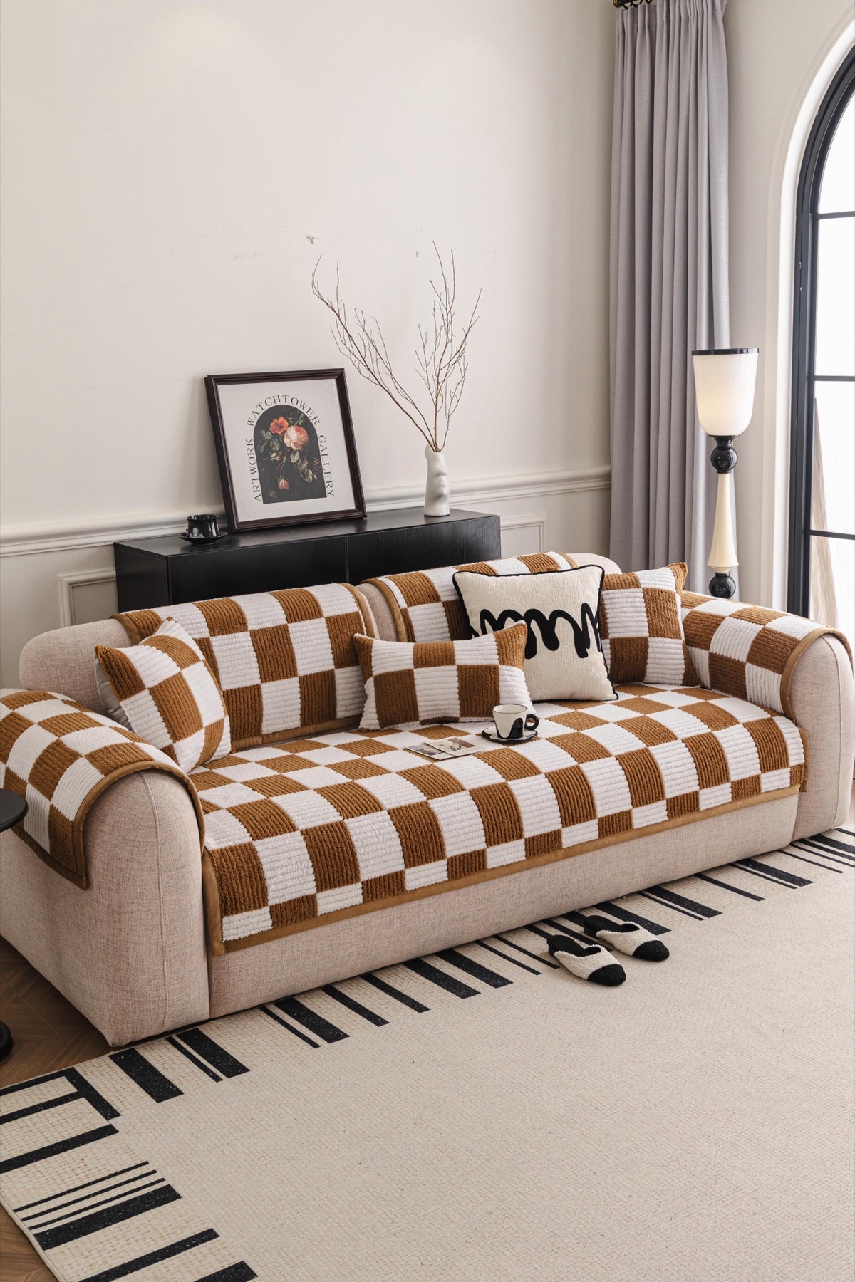 Sofa Decor Palermo Checker Chenille Sofa Cover Piece in Caramel Cream - front sofa fit view for checker chenille sofa cover pieces in the UK, image 13