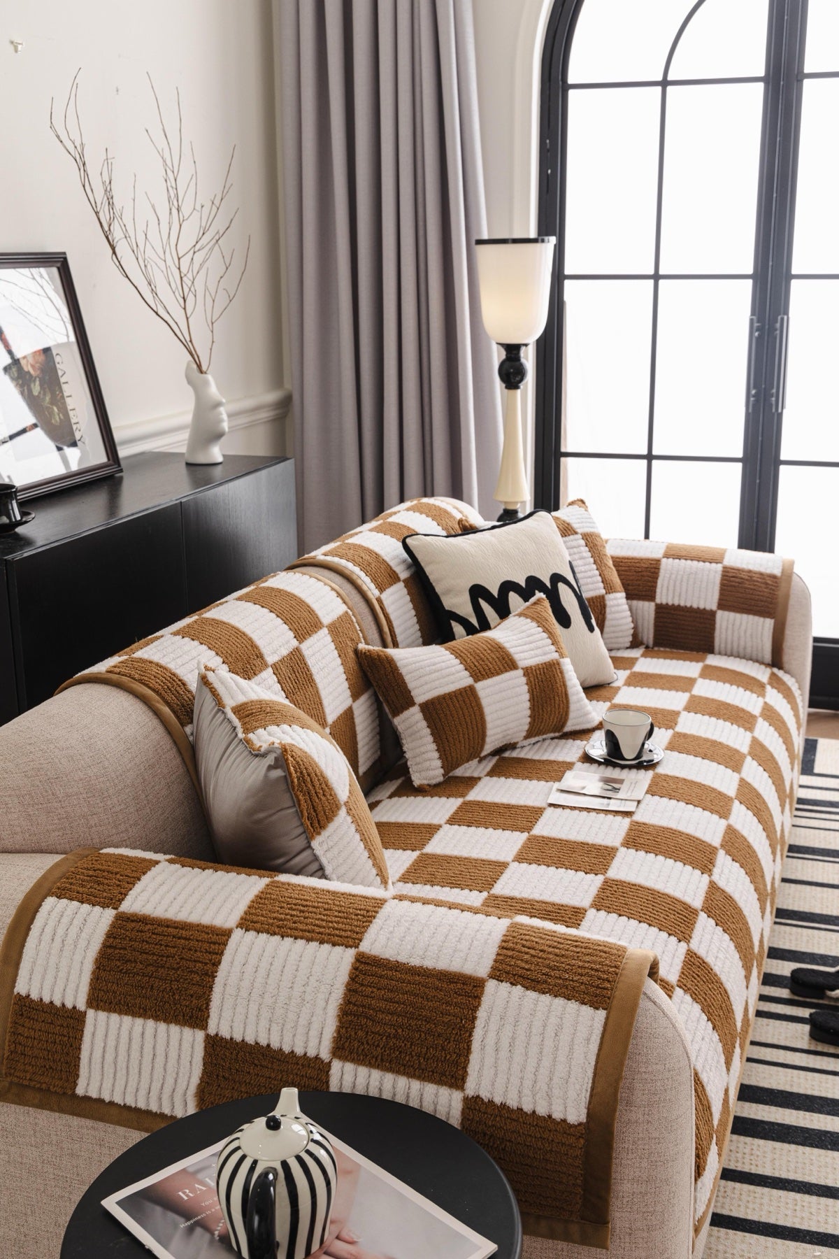 Sofa Decor Palermo Checker Chenille Sofa Cover Piece in Caramel Cream - styled checker sofa cover piece for checker chenille sofa cover pieces in the UK, image 21