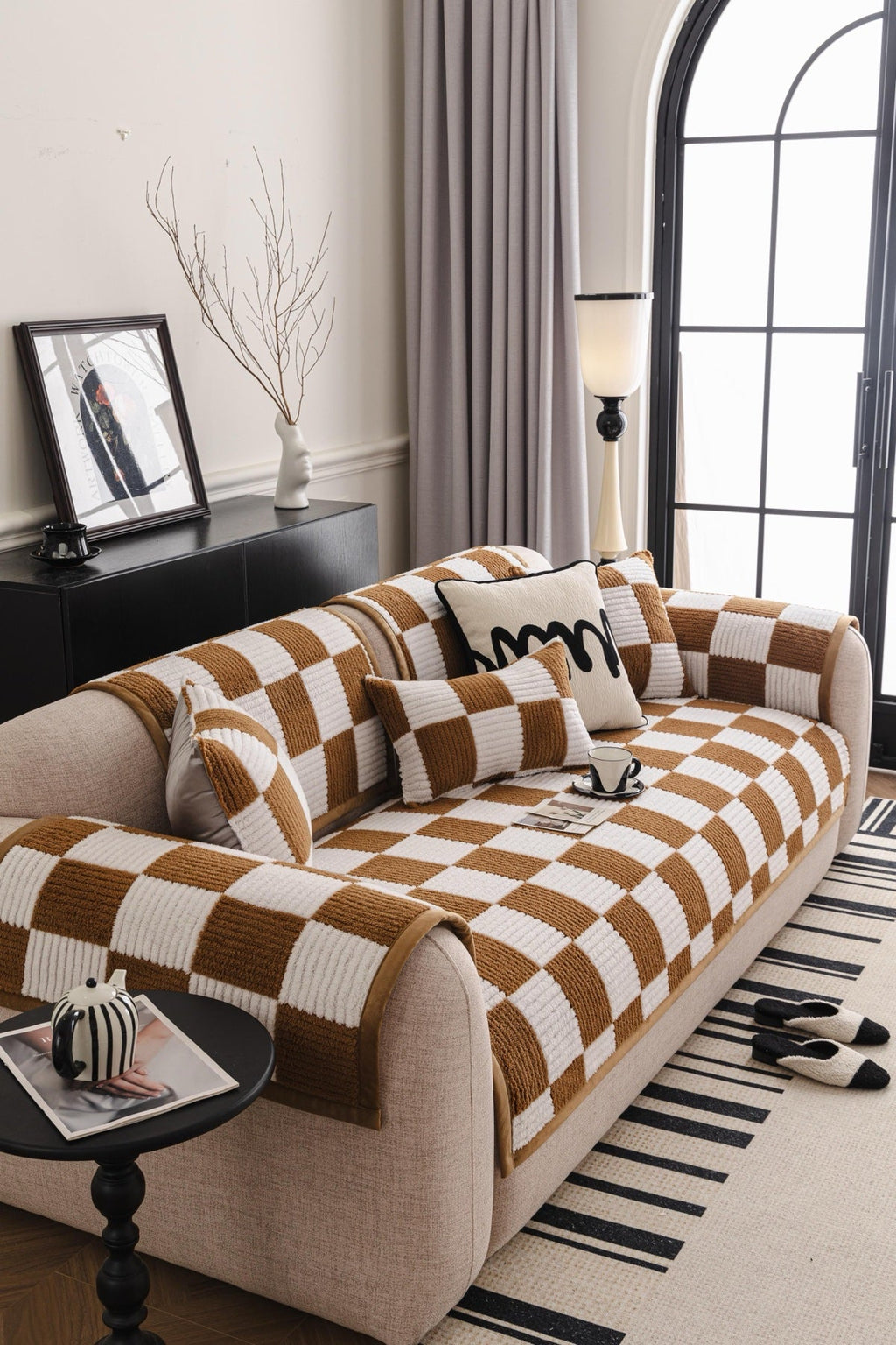 Sofa Decor Palermo Checker Chenille Sofa Cover Piece in Caramel Cream - styled checker sofa cover piece for checker chenille sofa cover pieces in the UK, image 22