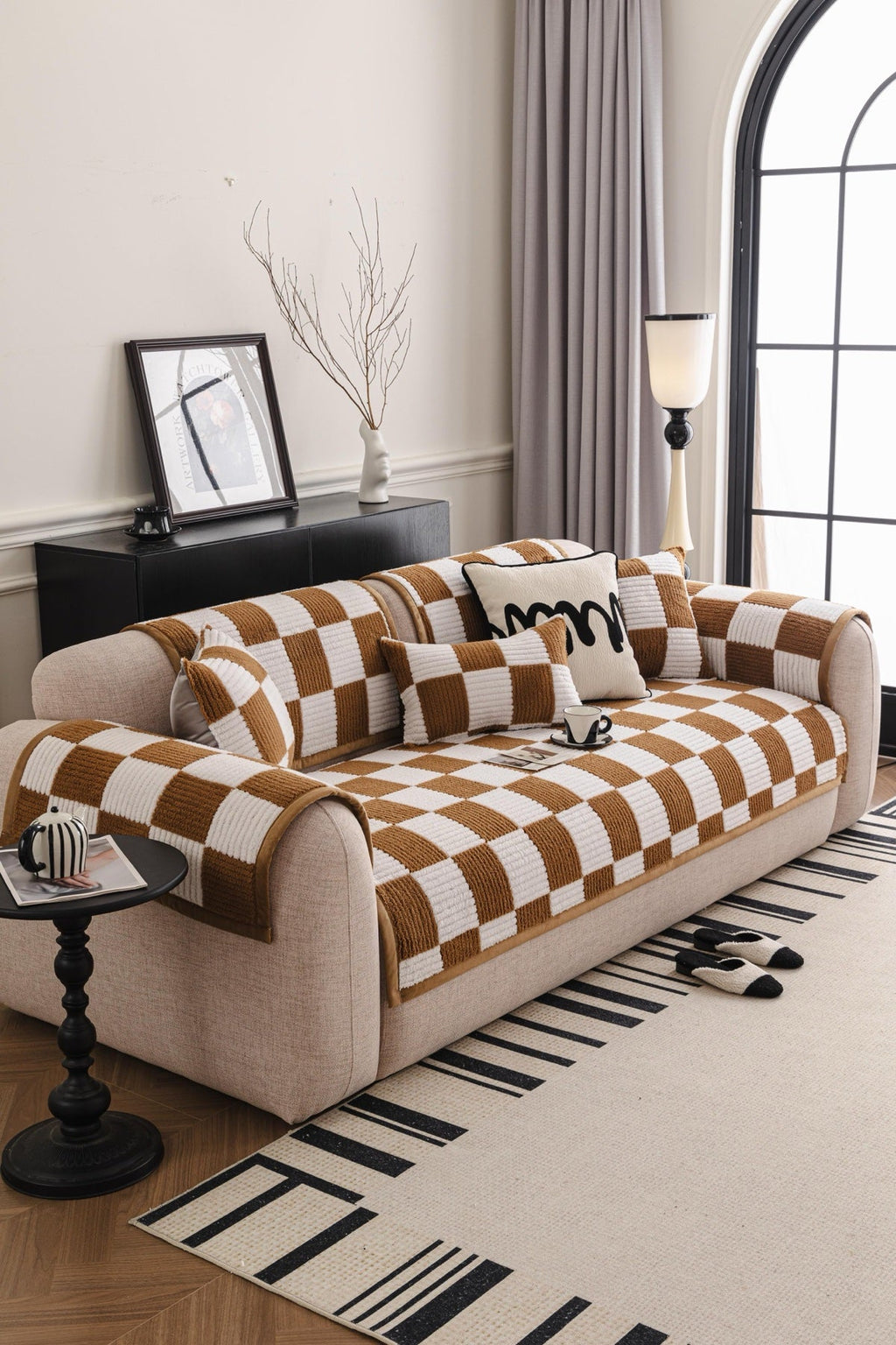 Sofa Decor Palermo Checker Chenille Sofa Cover Piece in Caramel Cream - styled checker sofa cover piece for checker chenille sofa cover pieces in the UK, image 14